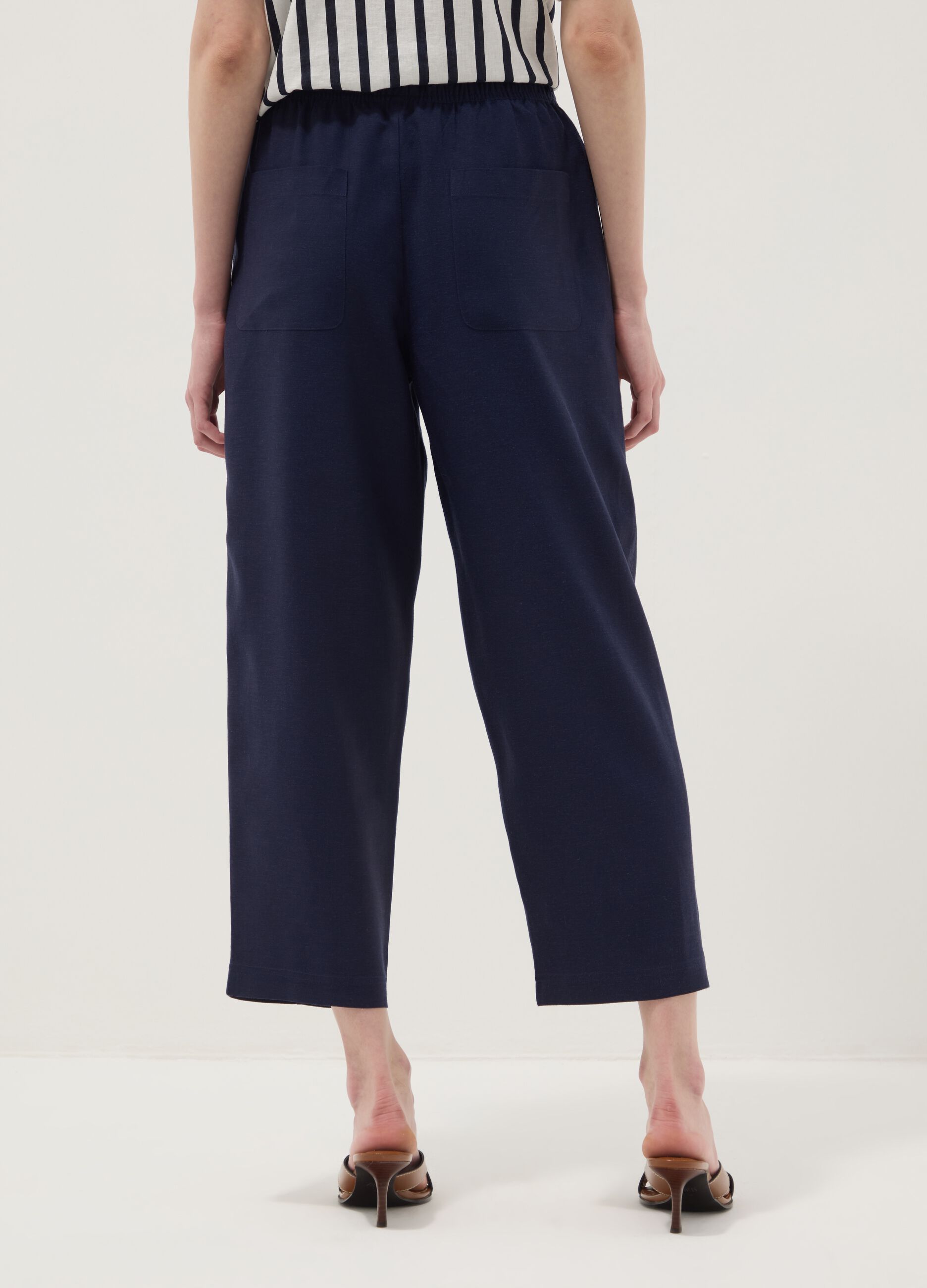 Blue viscose and linen blend straight-leg trousers with drawstring