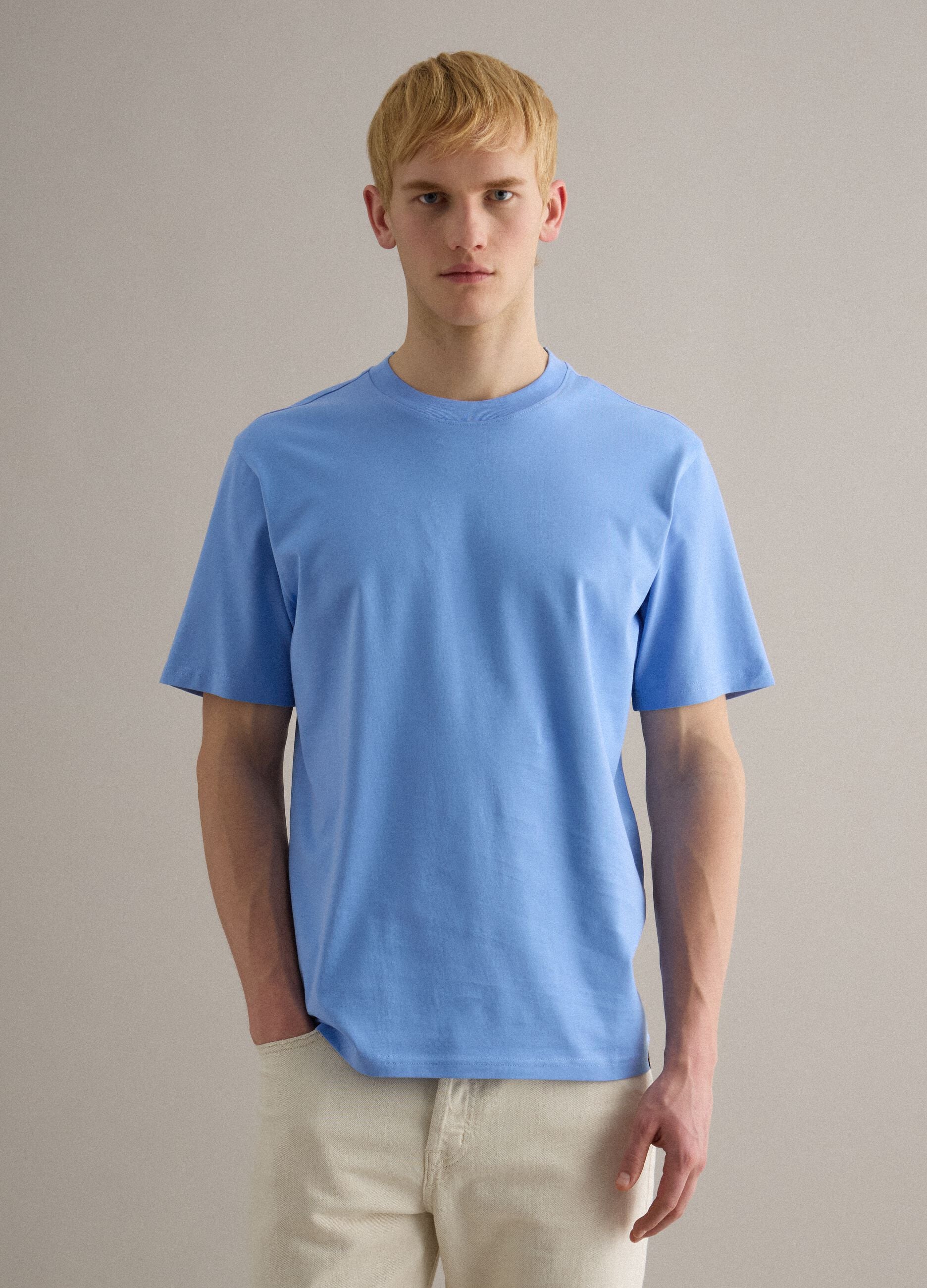 Light Blue Crew Neck Pure Cotton T-shirt Relaxed Fit