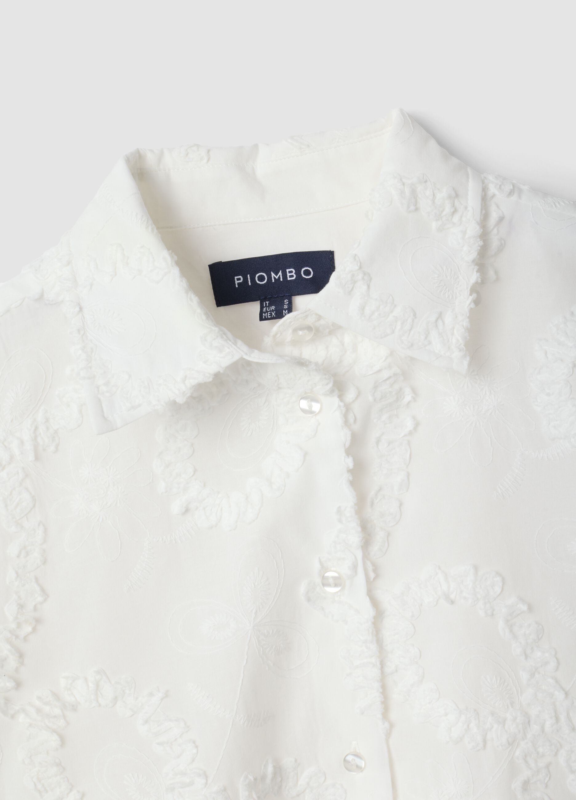 White pure cotton shirt with floral embroidery, regular fit