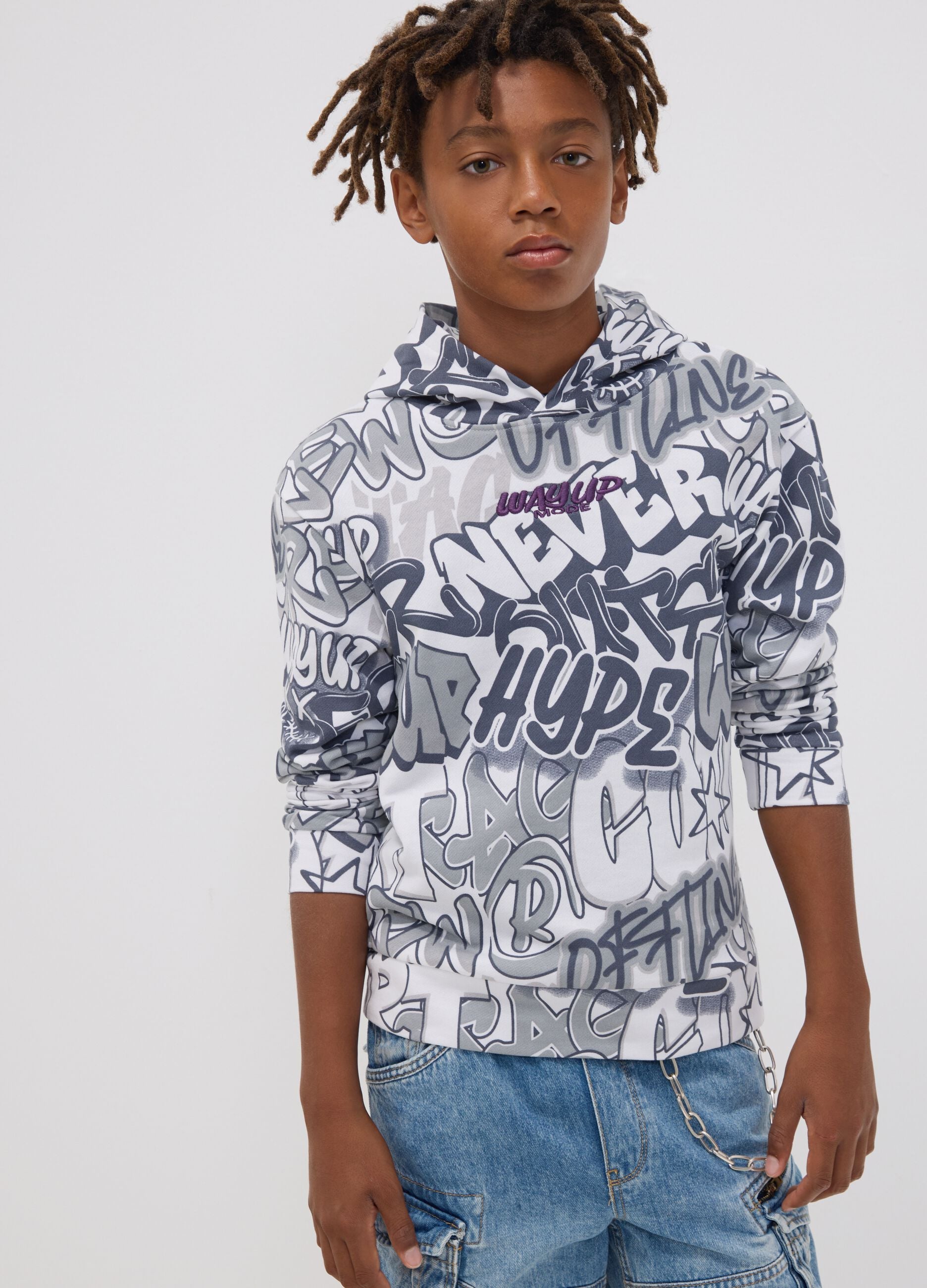 White cotton-blend hoodie with all-over graffiti print for boys