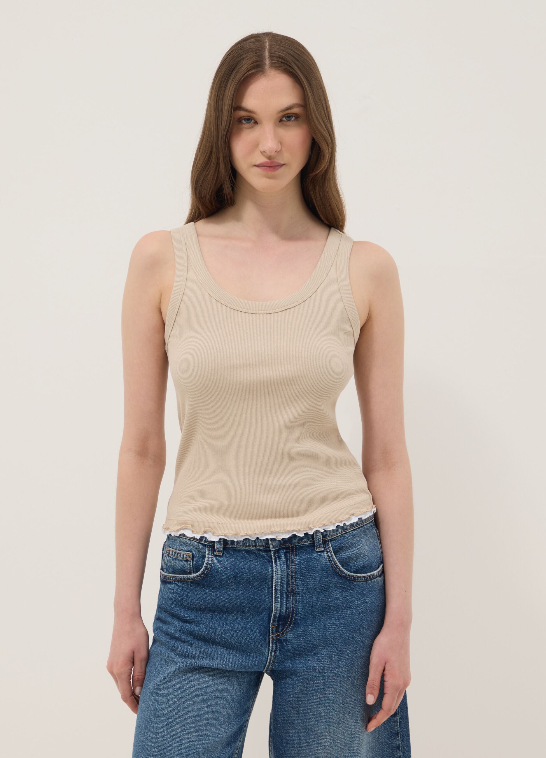 Beige pure cotton ribbed vest top, regular fit