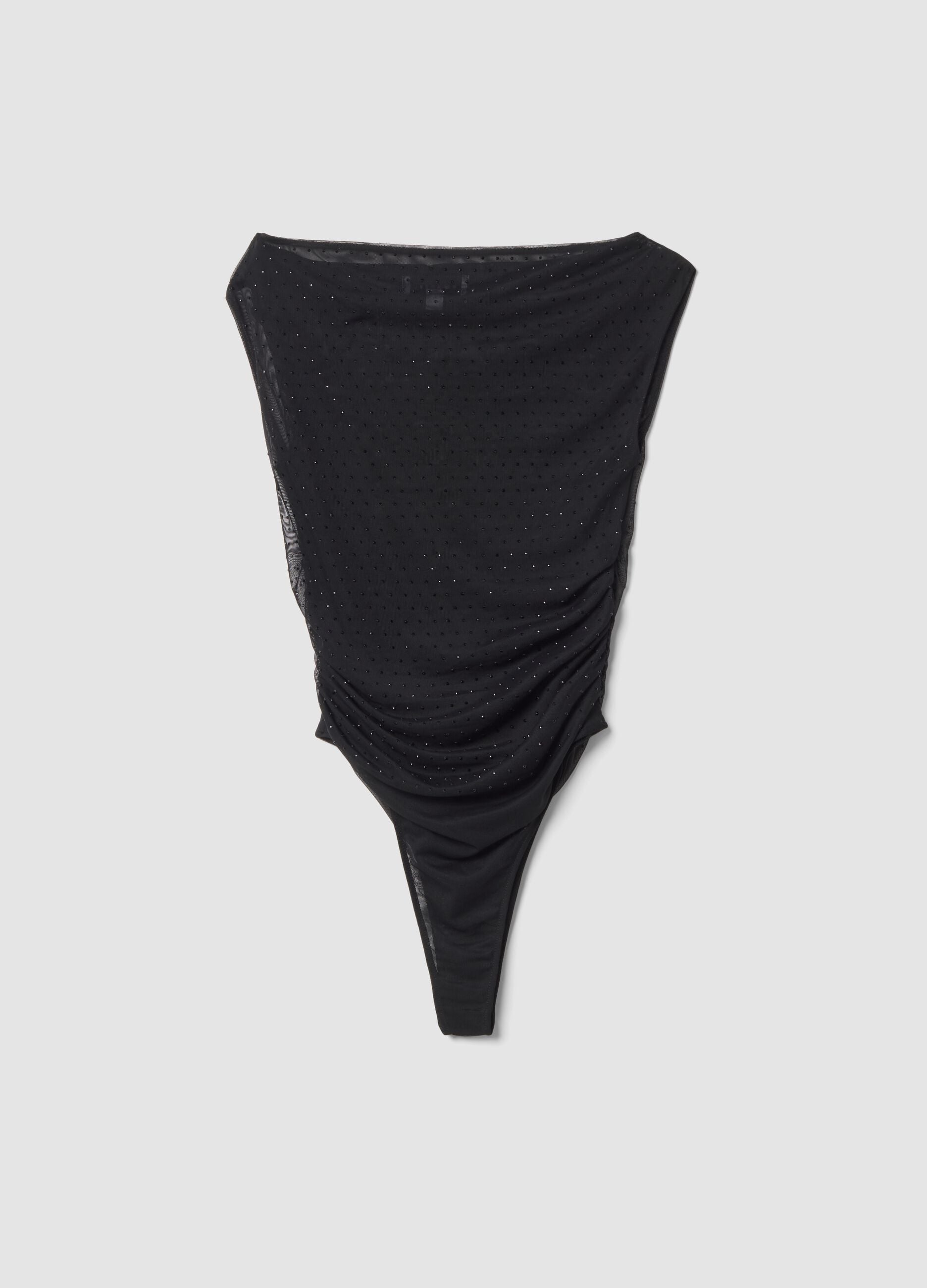 Black stretch-fabric bodysuit with boat neckline