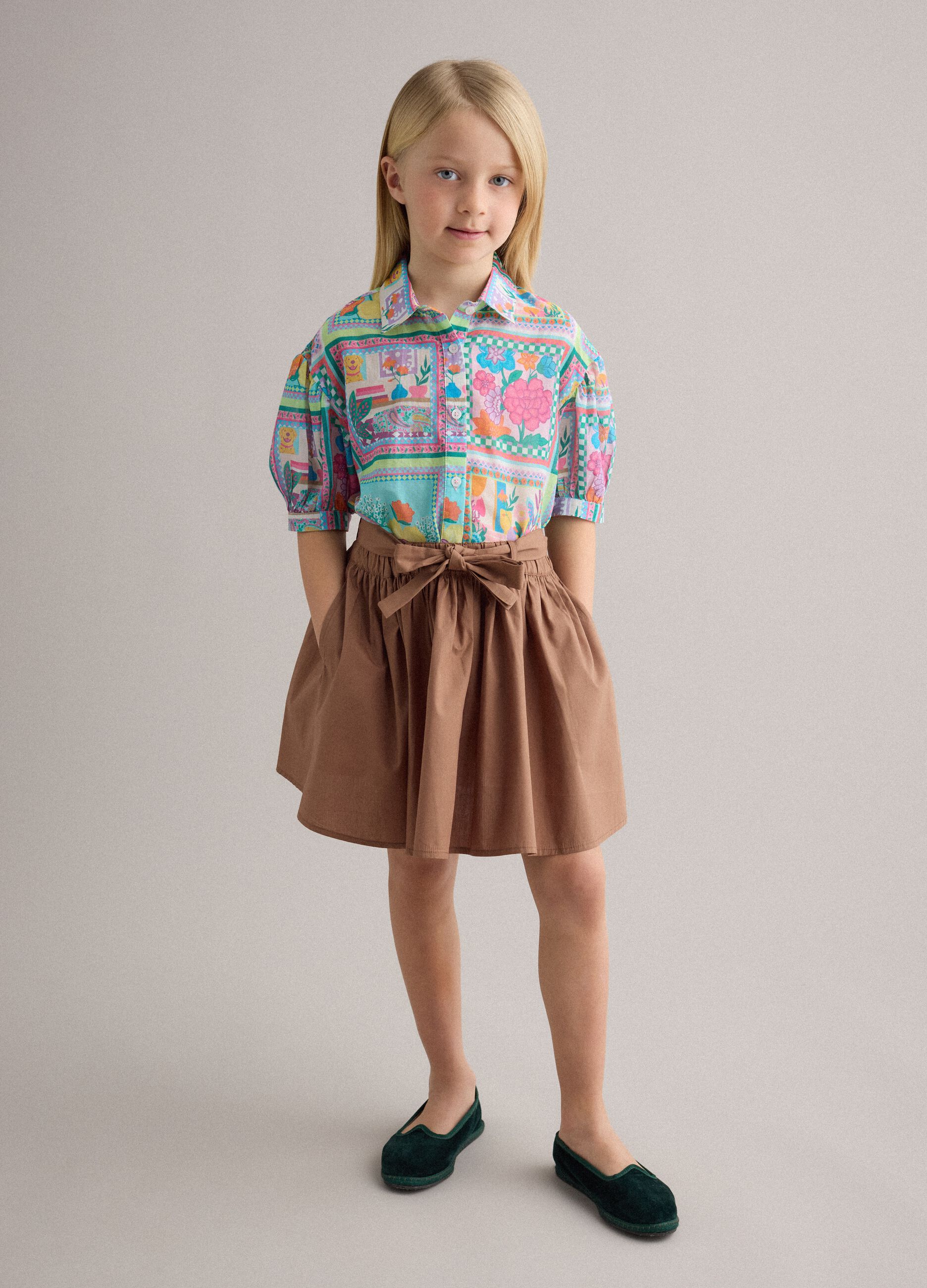 Brown pure cotton girls' skirt regular fit with bow