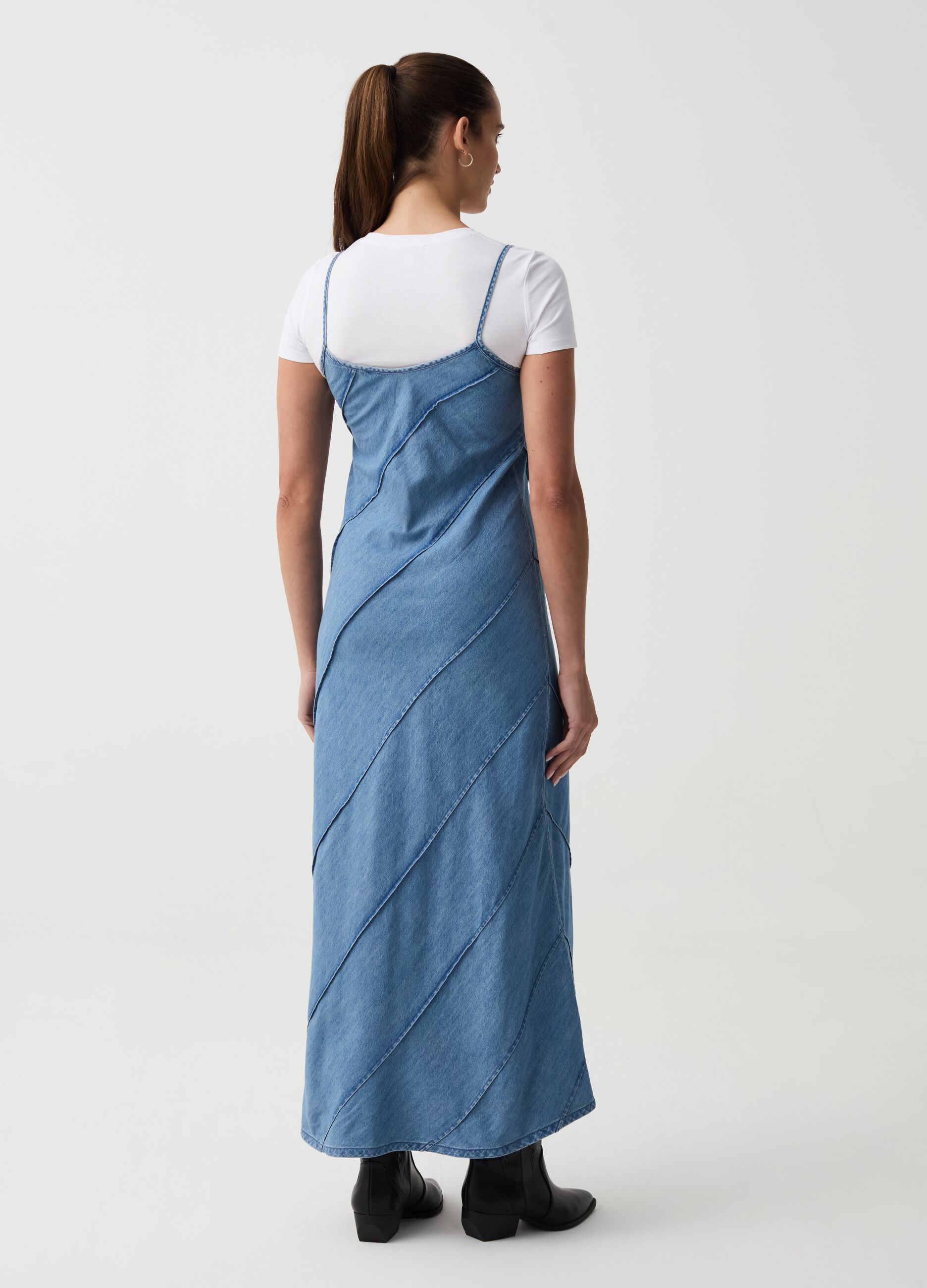 Long denim dress with raised stitching