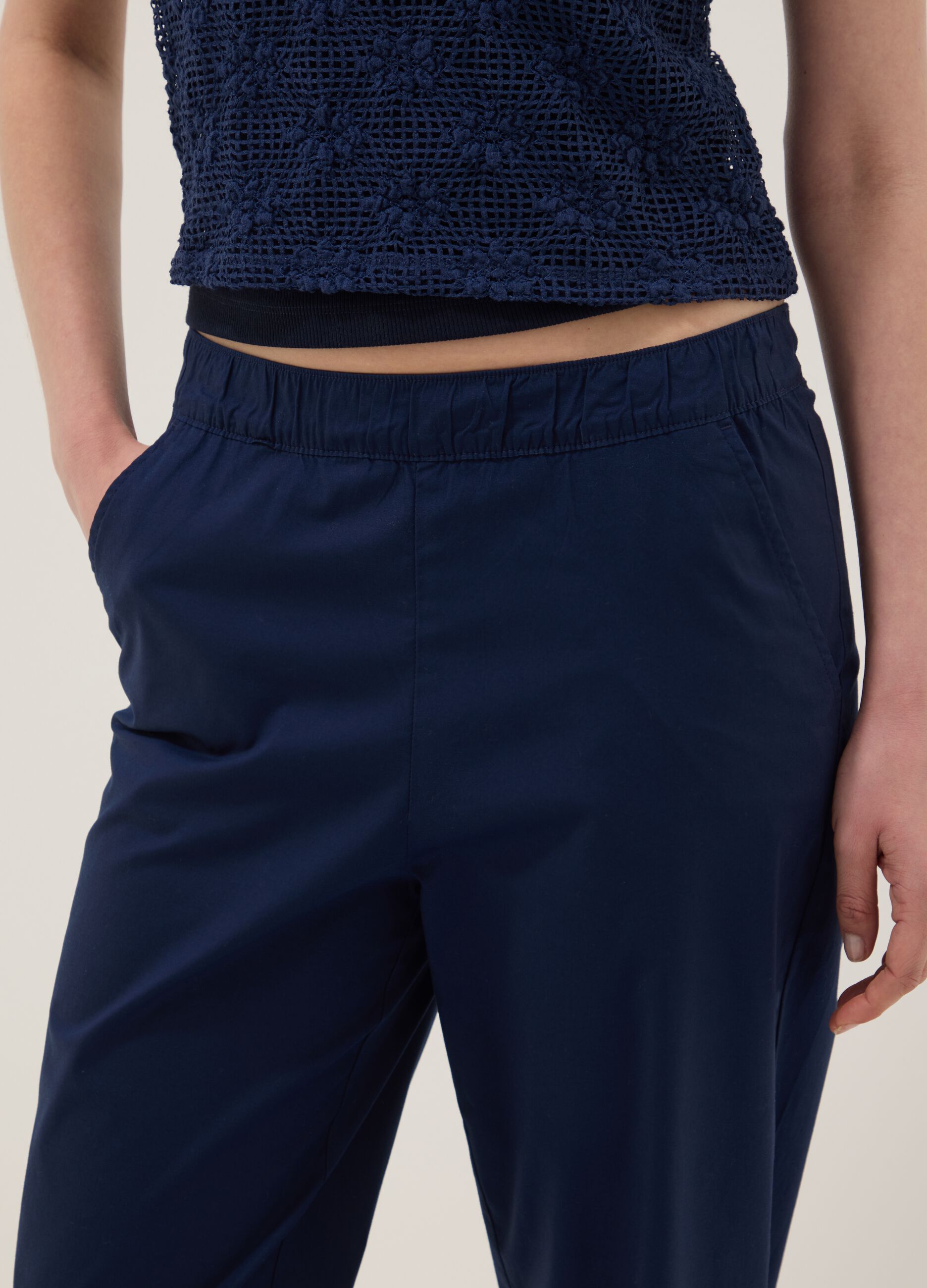 Blue stretch cotton trousers with elasticated waist