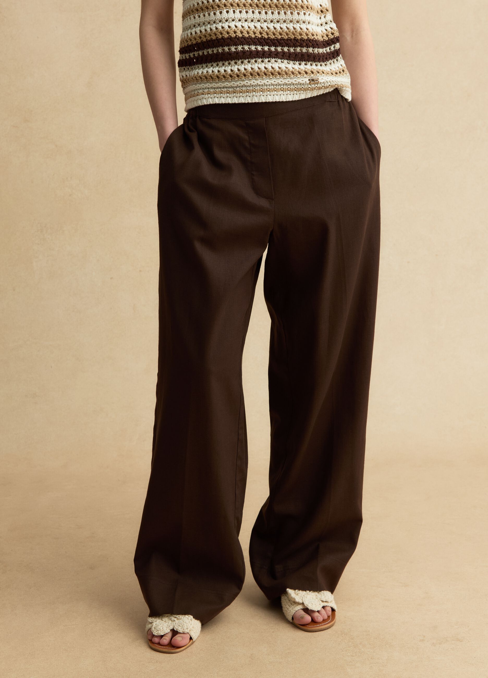 Brown wide leg linen blend trousers