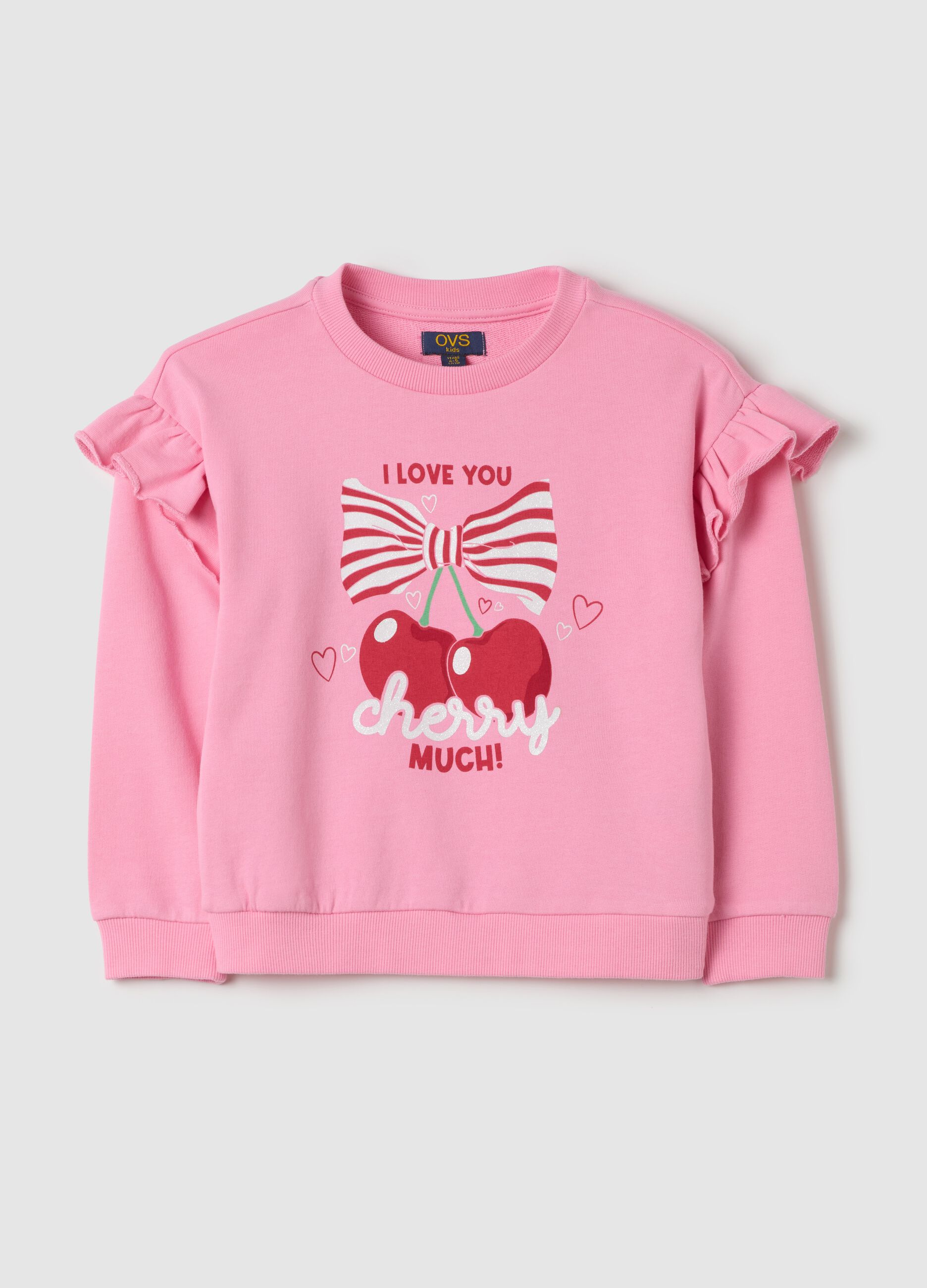 Sweatshirt with flounce and "I love you cherry much” print