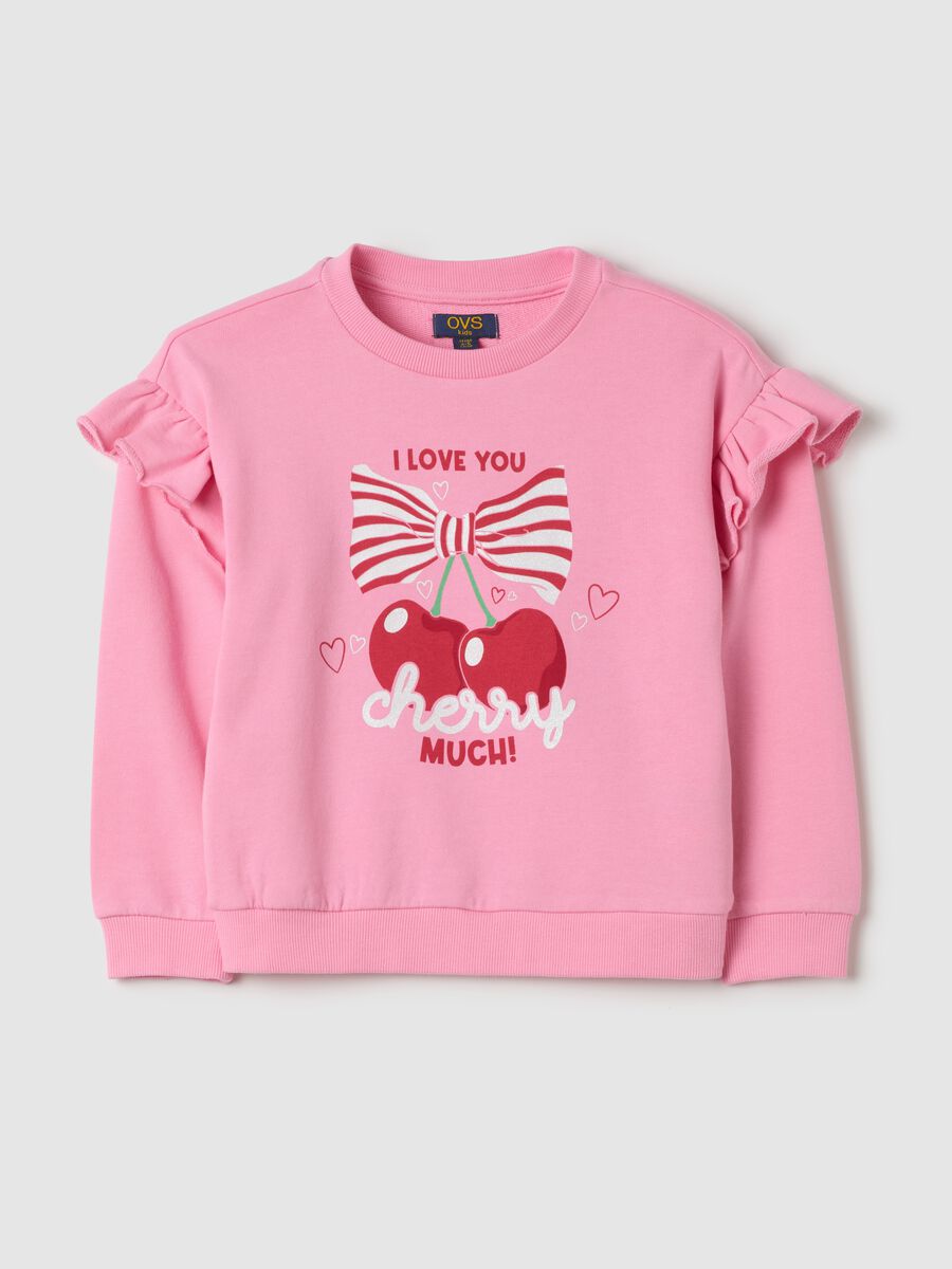 Sweatshirt with flounce and "I love you cherry much” print_0