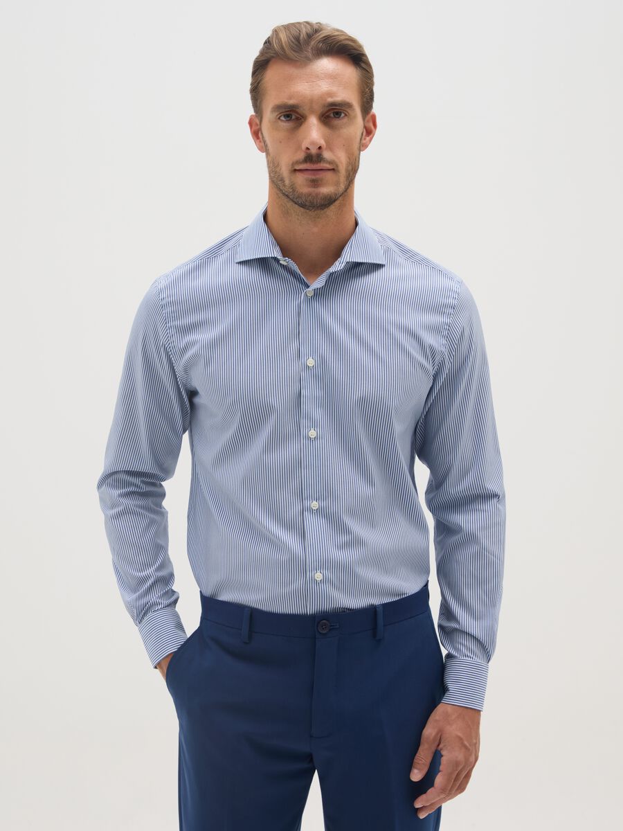 Blue slim stripe shirt with French collar and buttons_0