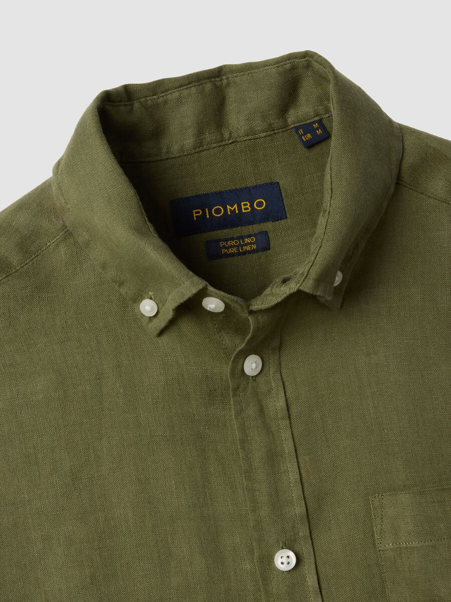 Camicia verde in puro lino con collo button down regular fit_5