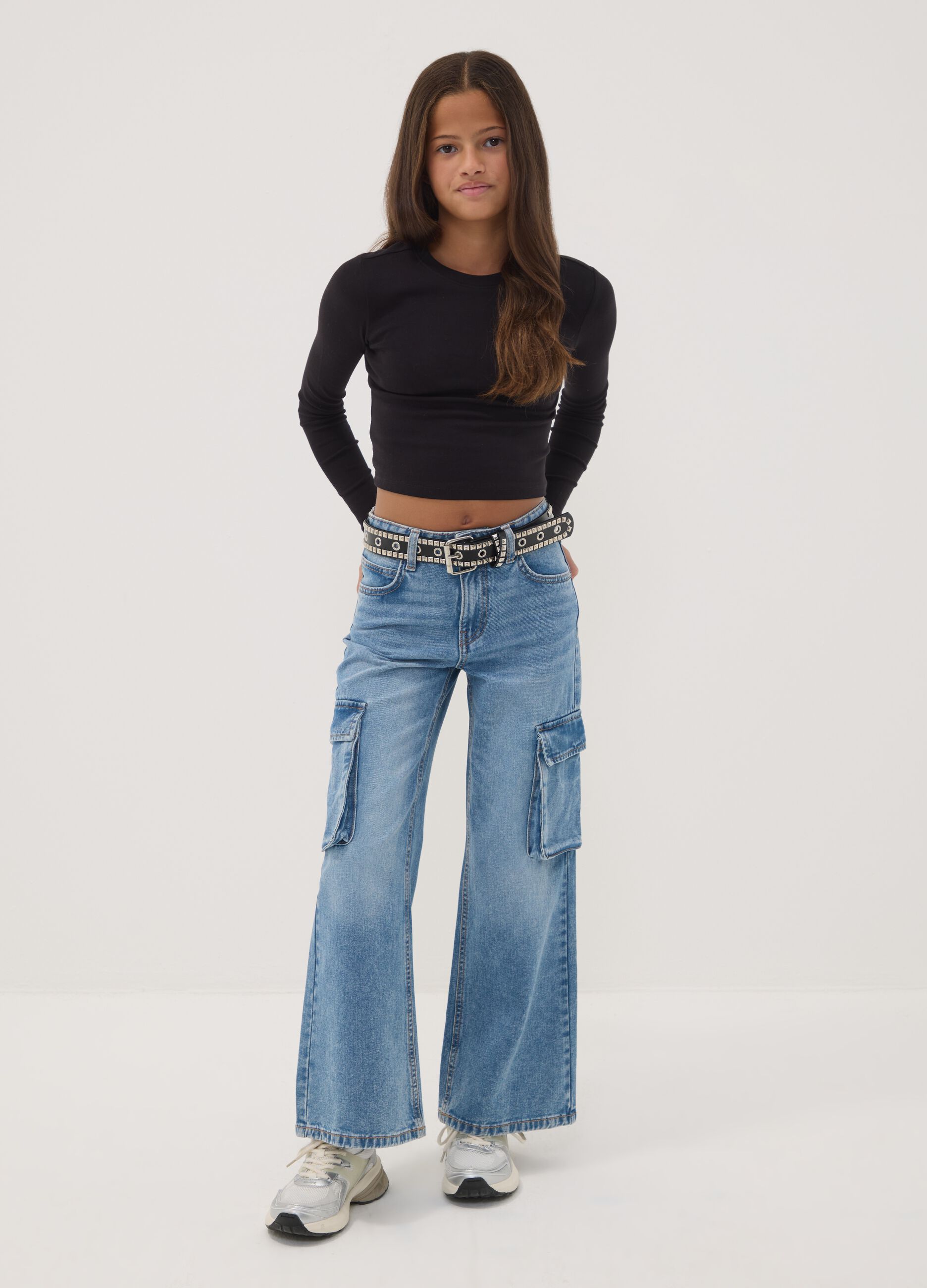 Light blue pure cotton denim cargo jeans, relaxed fit for girls