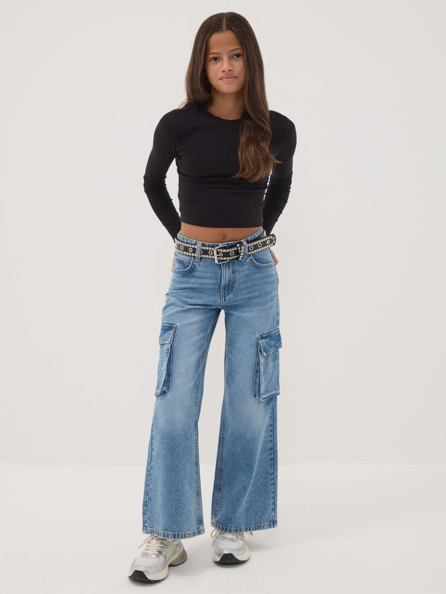 Jeans cargo denim in puro cotone azzurro relaxed fit per ragazza_0