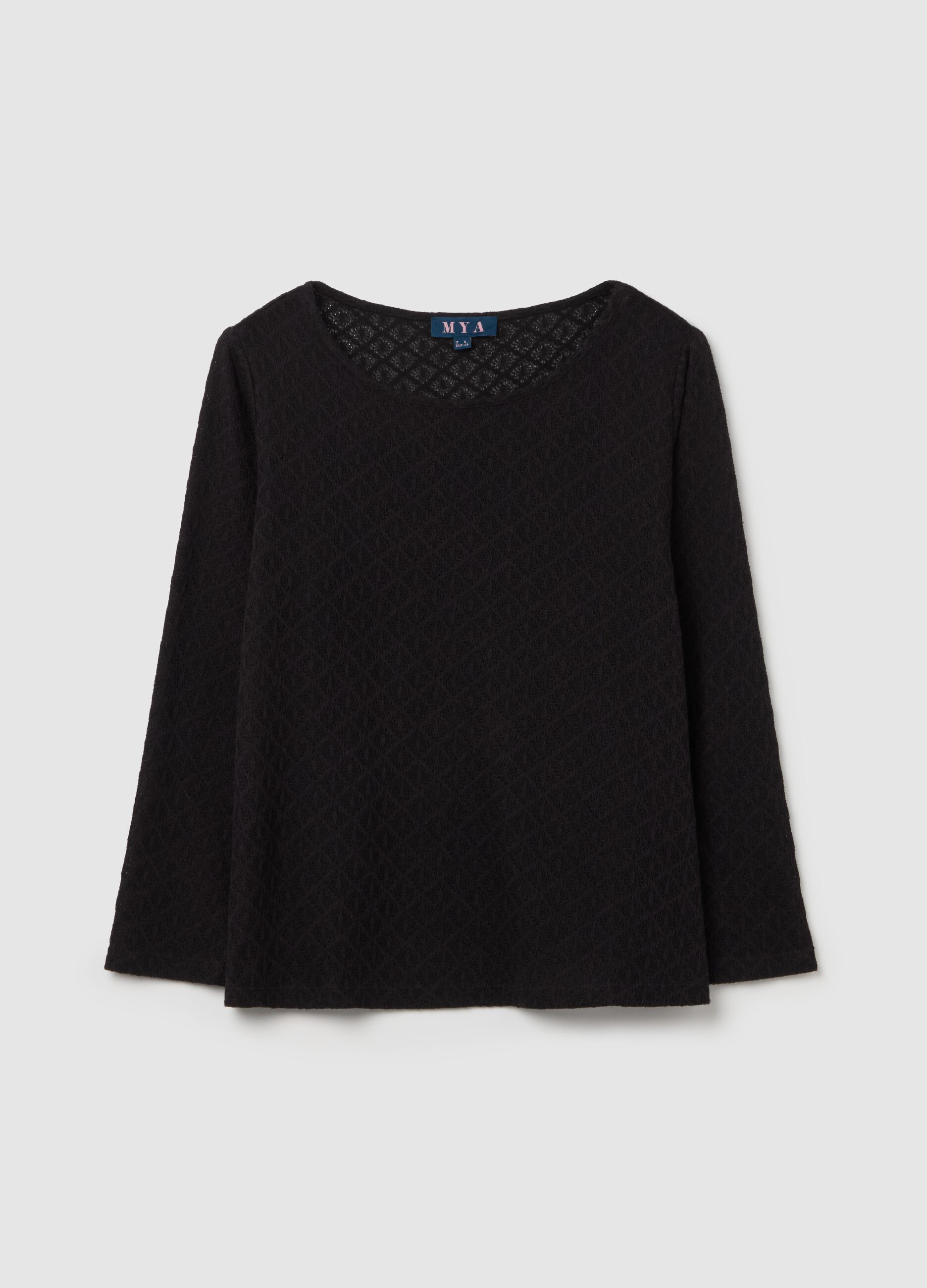 Curvy long-sleeved T-shirt with lace weave