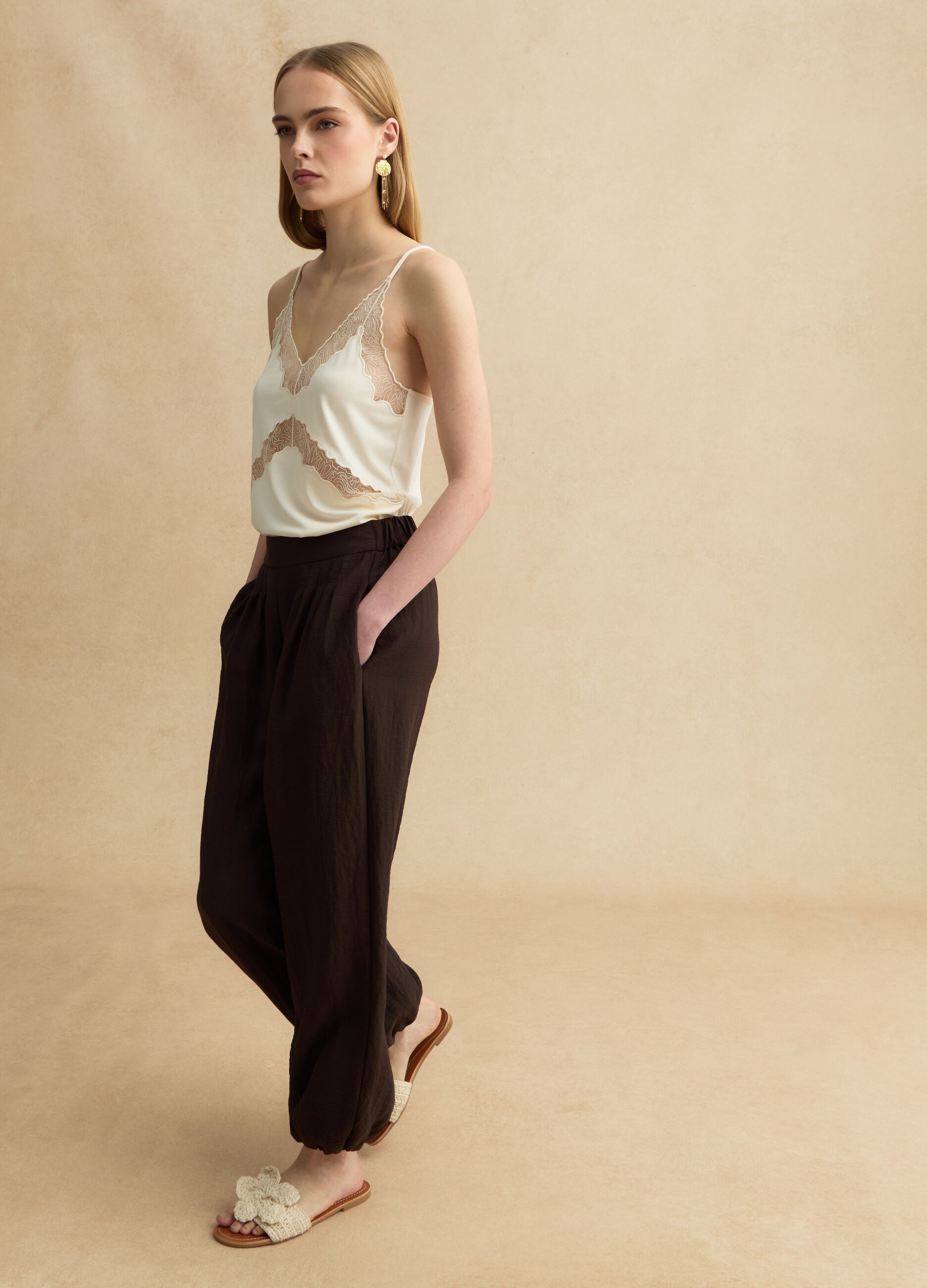 Tank top in misto viscosa beige regular fit con dettagli trasparenti