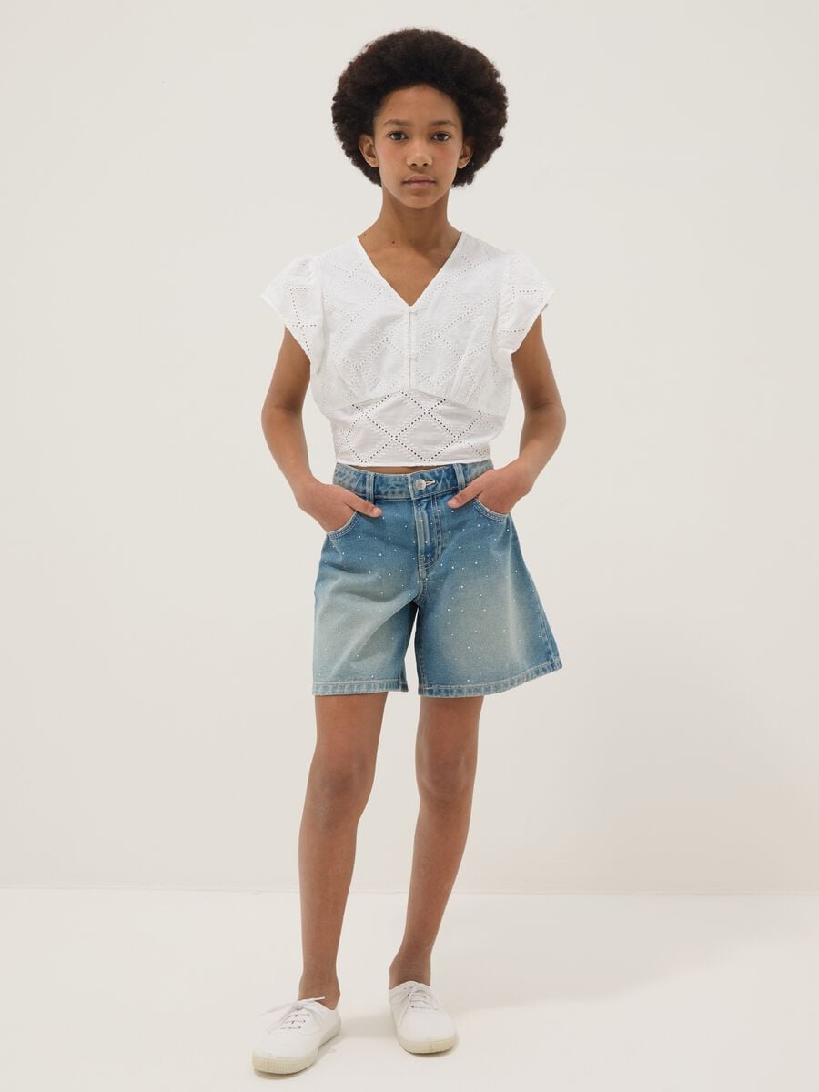 Shorts denim blu in puro cotone da ragazza regular fit con puntini_0