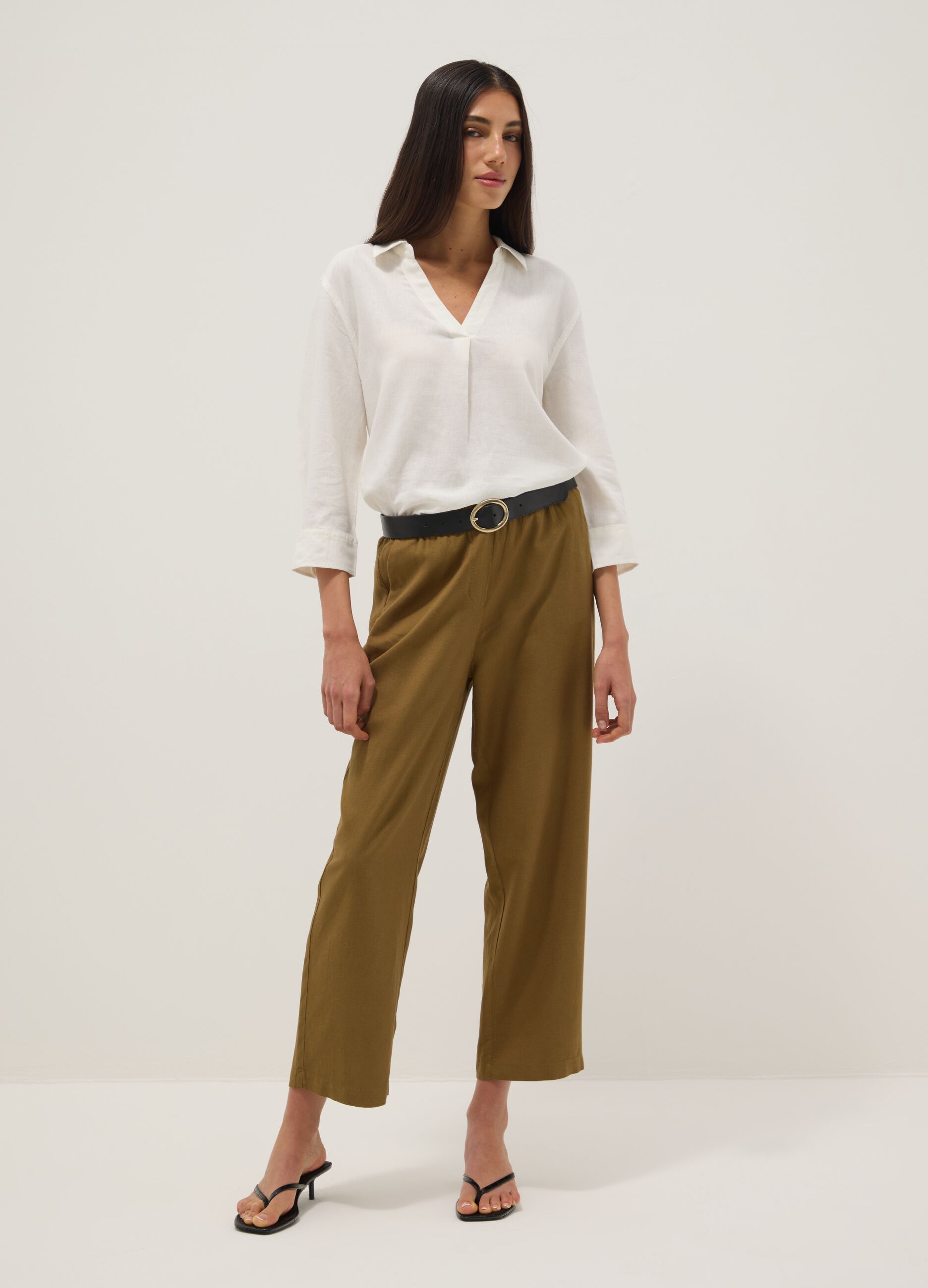 Brown viscose-linen blend straight-fit trousers with drawstring
