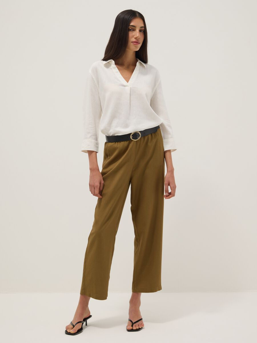 Pantaloni in misto viscosa e lino marroni straight fit con coulisse_0