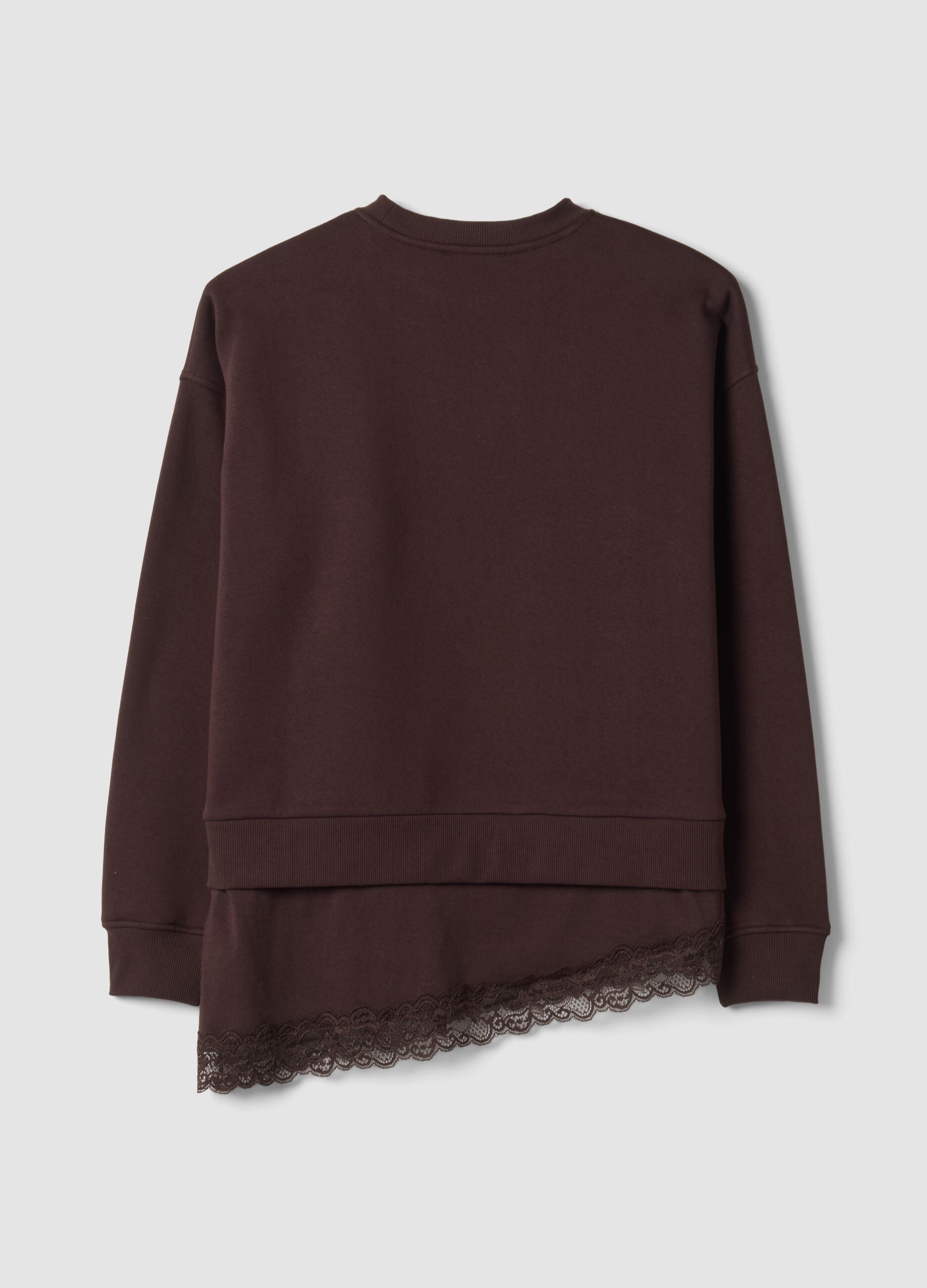 Brown cotton-blend crew-neck sweatshirt with lace detail