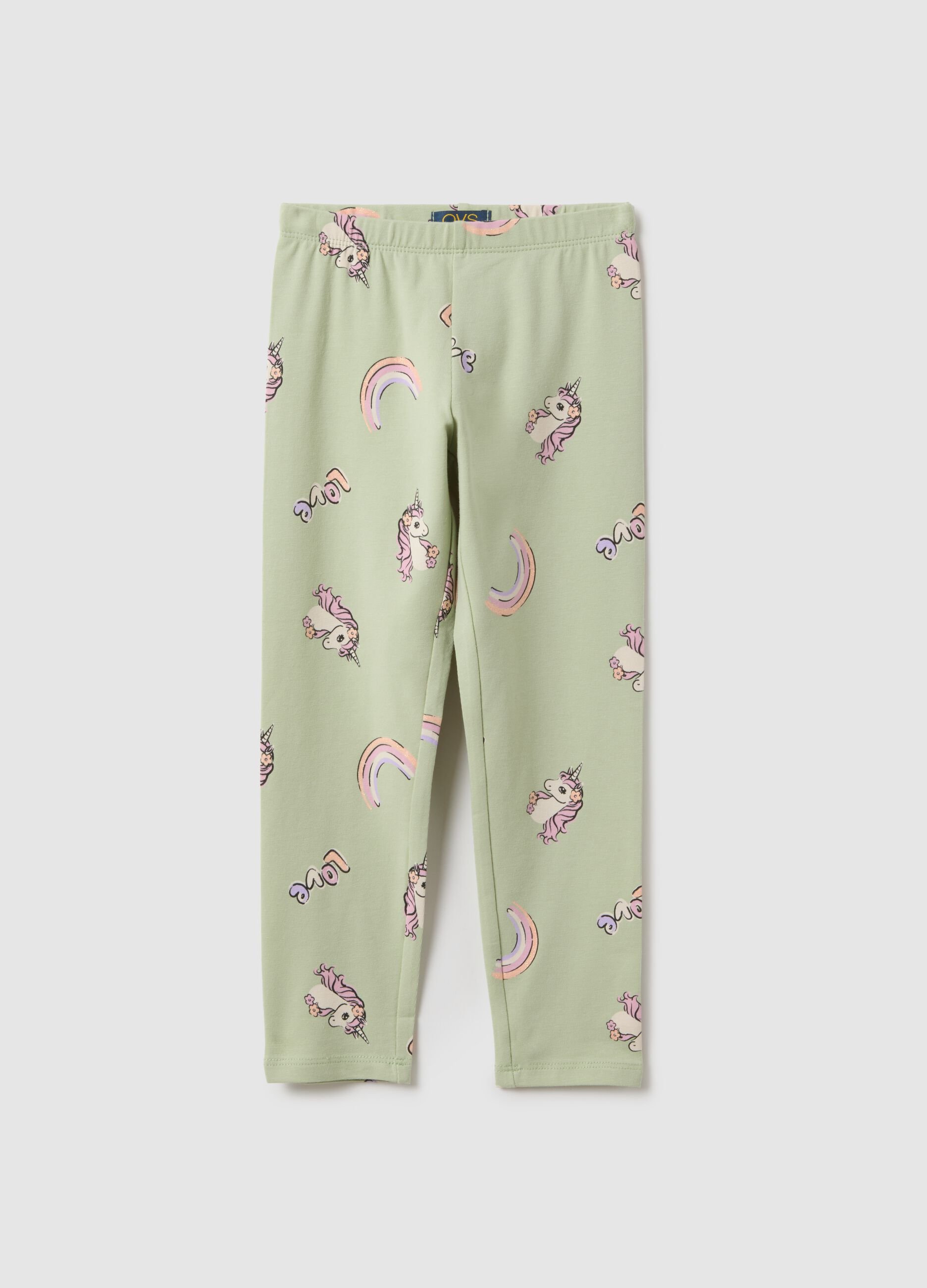 Girls' Green Stretch Cotton Leggings with Prints, Skinny Fit