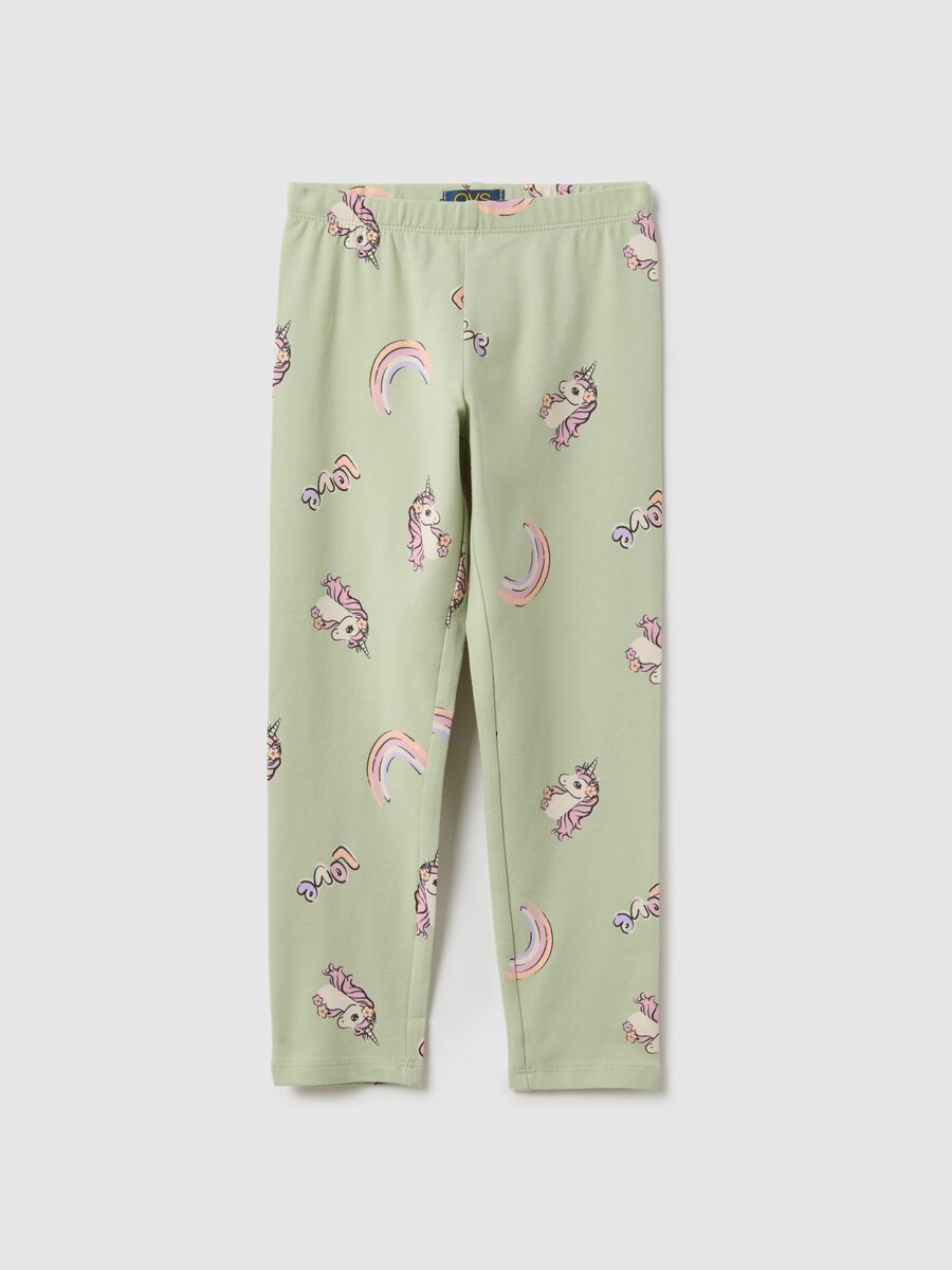 Girls' Green Stretch Cotton Leggings with Prints, Skinny Fit_0