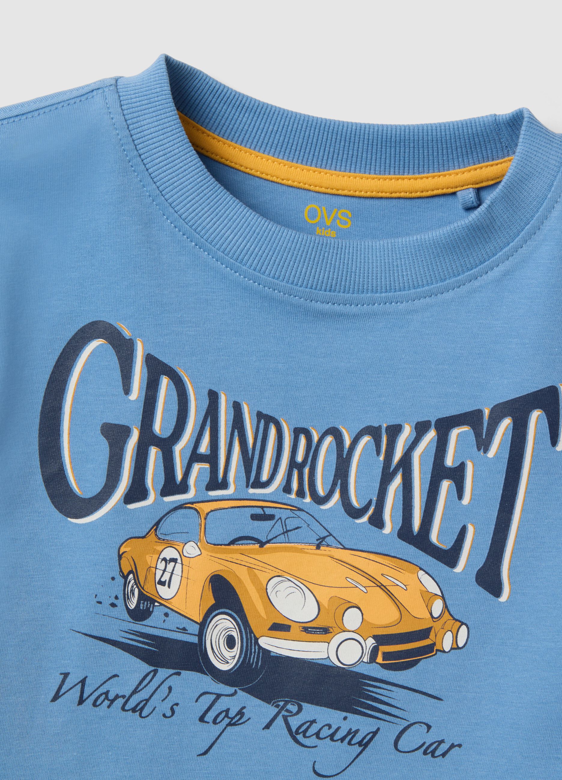 Boys&rsquo; blue pure cotton T-shirt with car print, regular fit