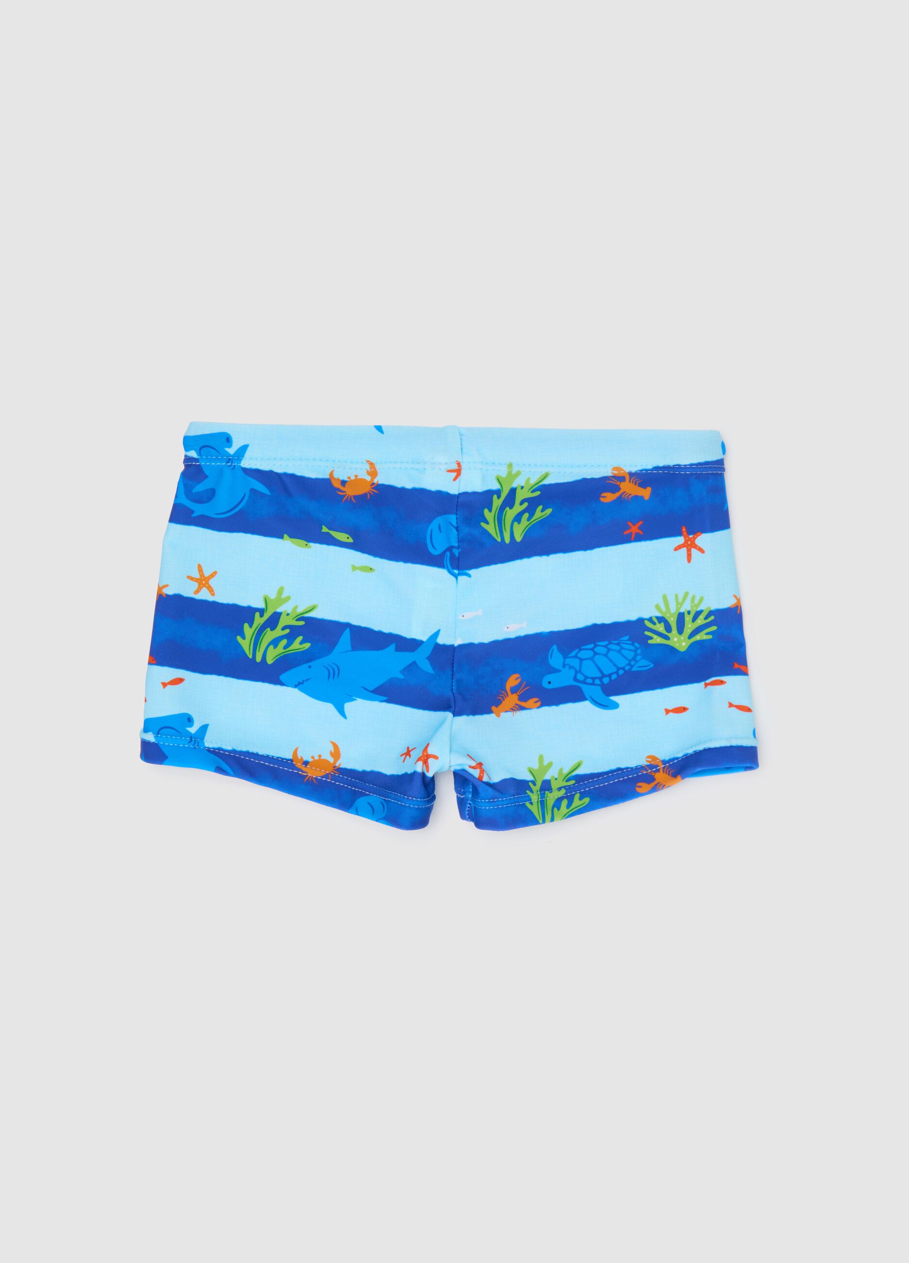 Striped Brief Swimsuit for Kids with Marine Print