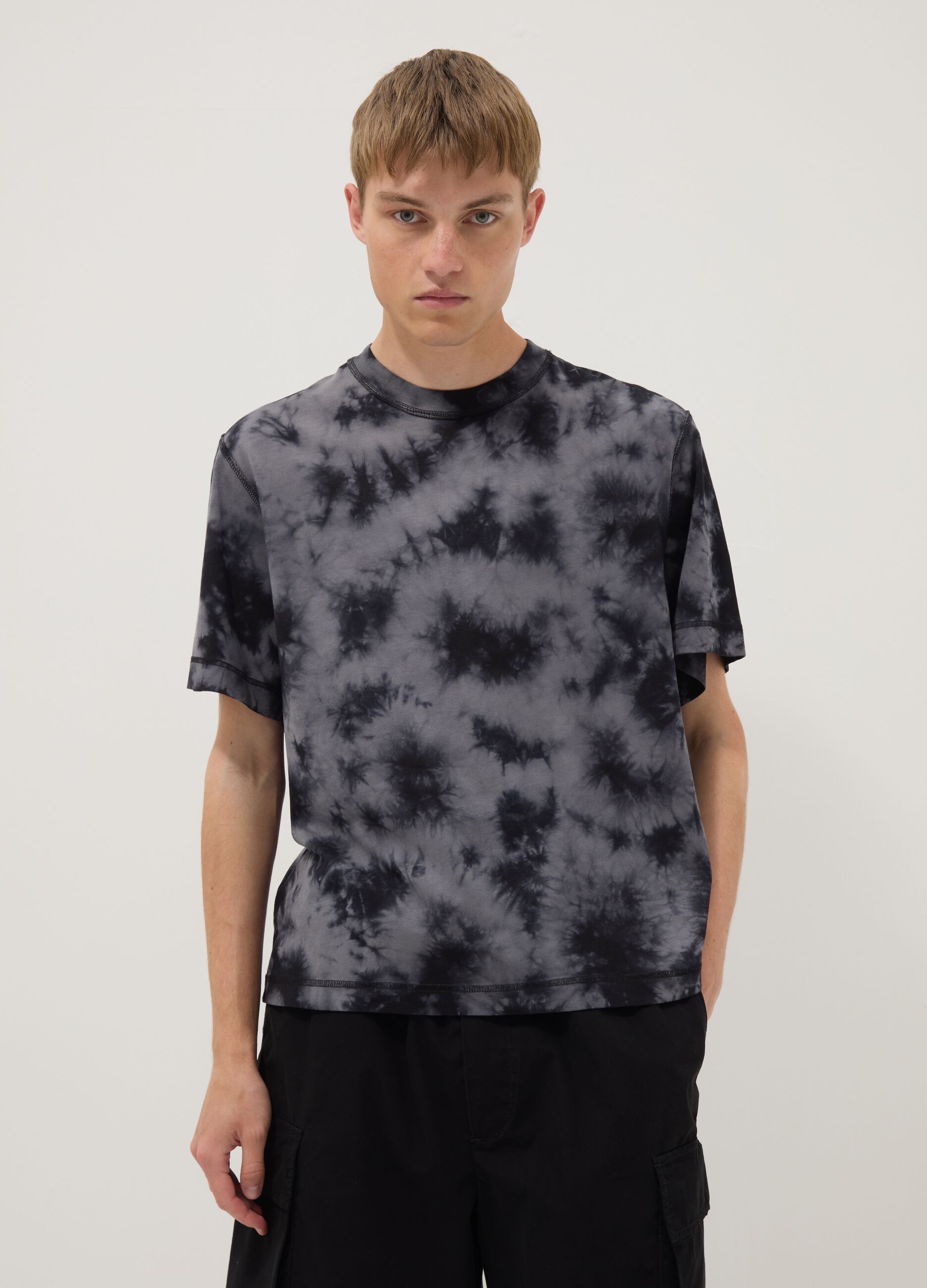 Blue pure cotton T-shirt with tie-dye print