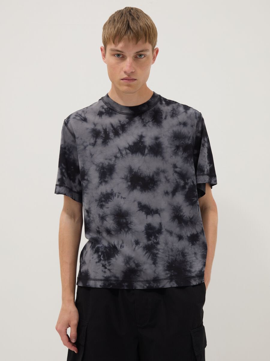 Blue pure cotton T-shirt with tie-dye print_4
