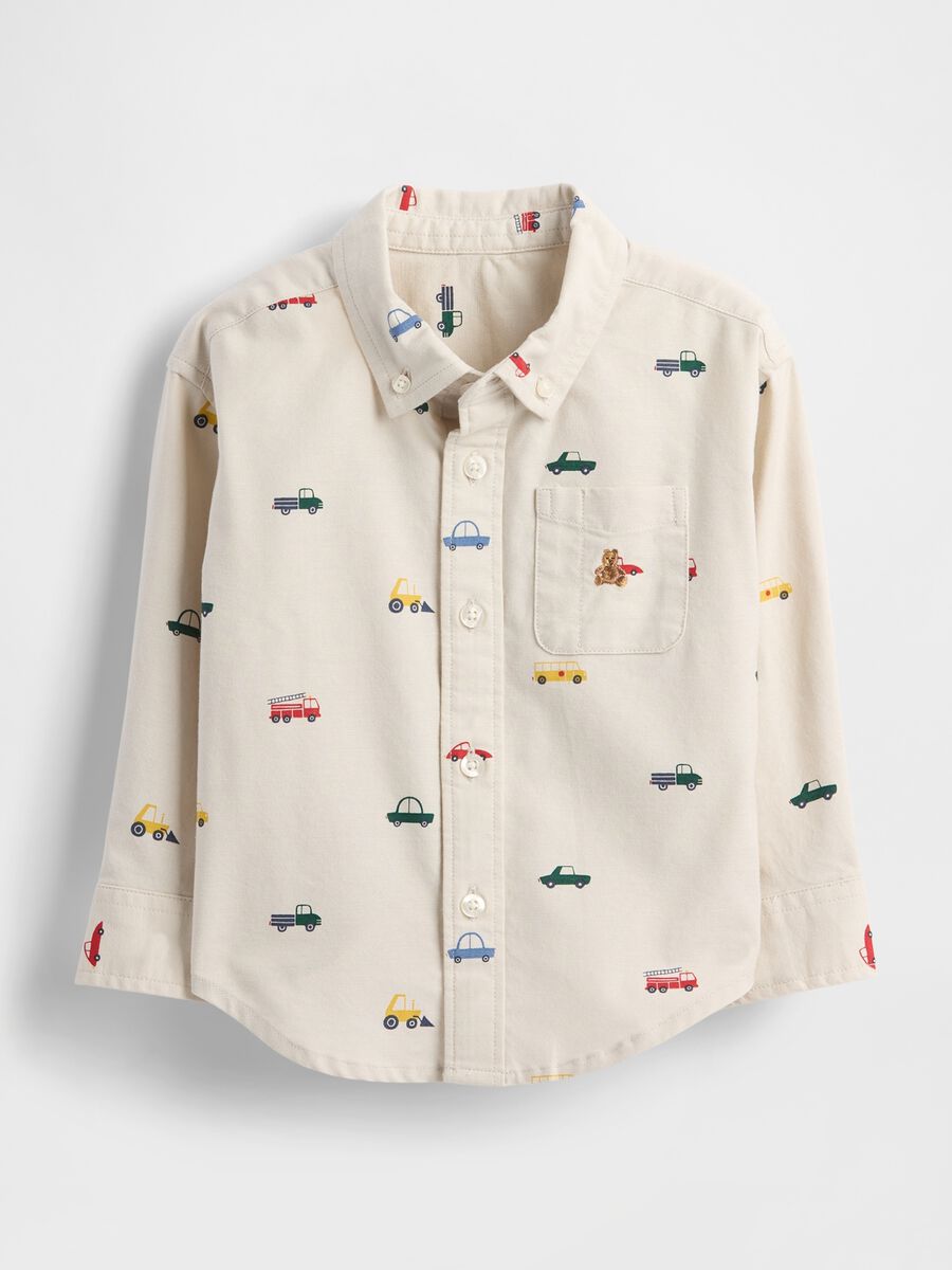 Camicia beige a maniche lunghe con motivi auto_0
