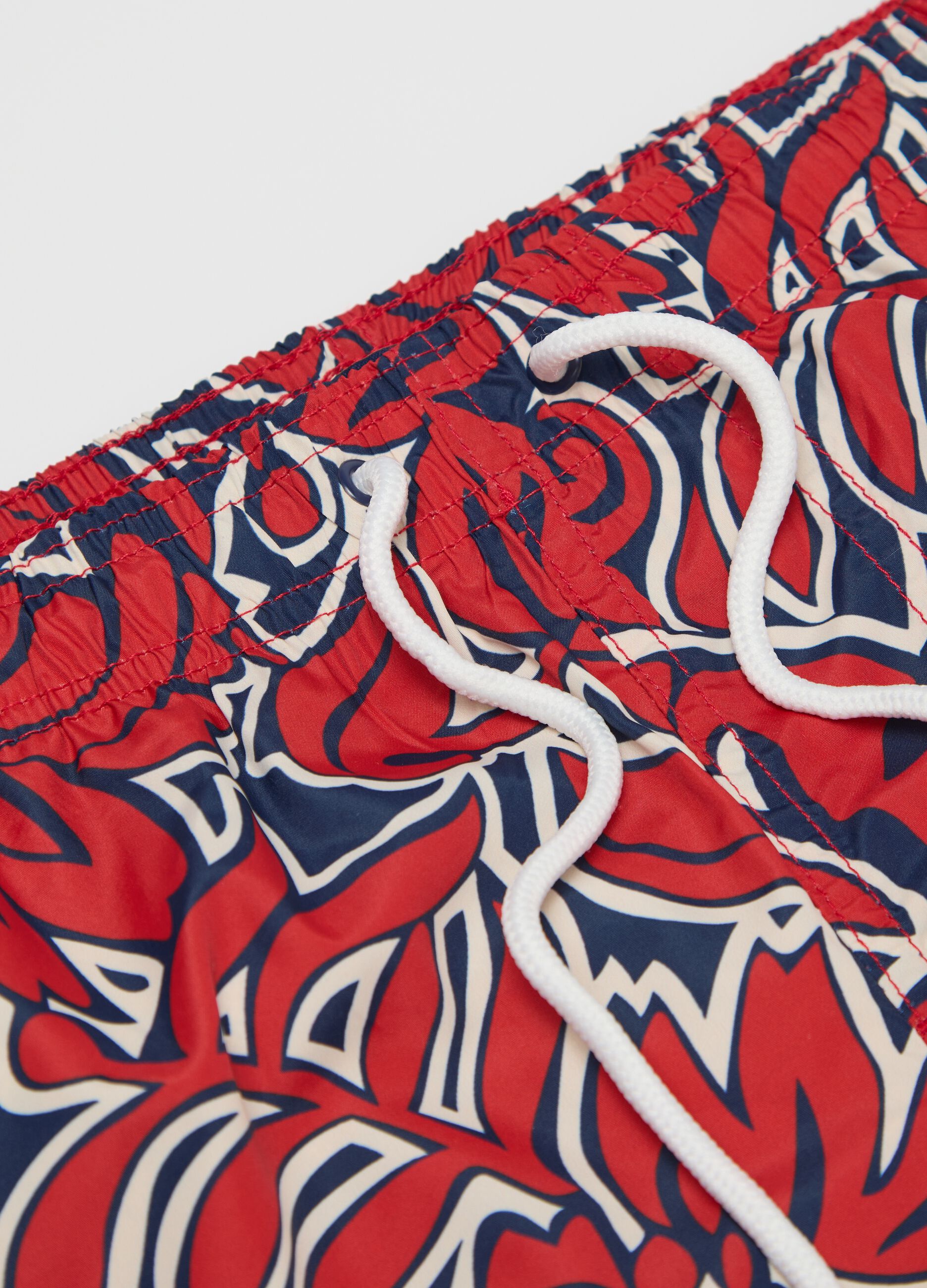 Red Floral Print Swim Shorts