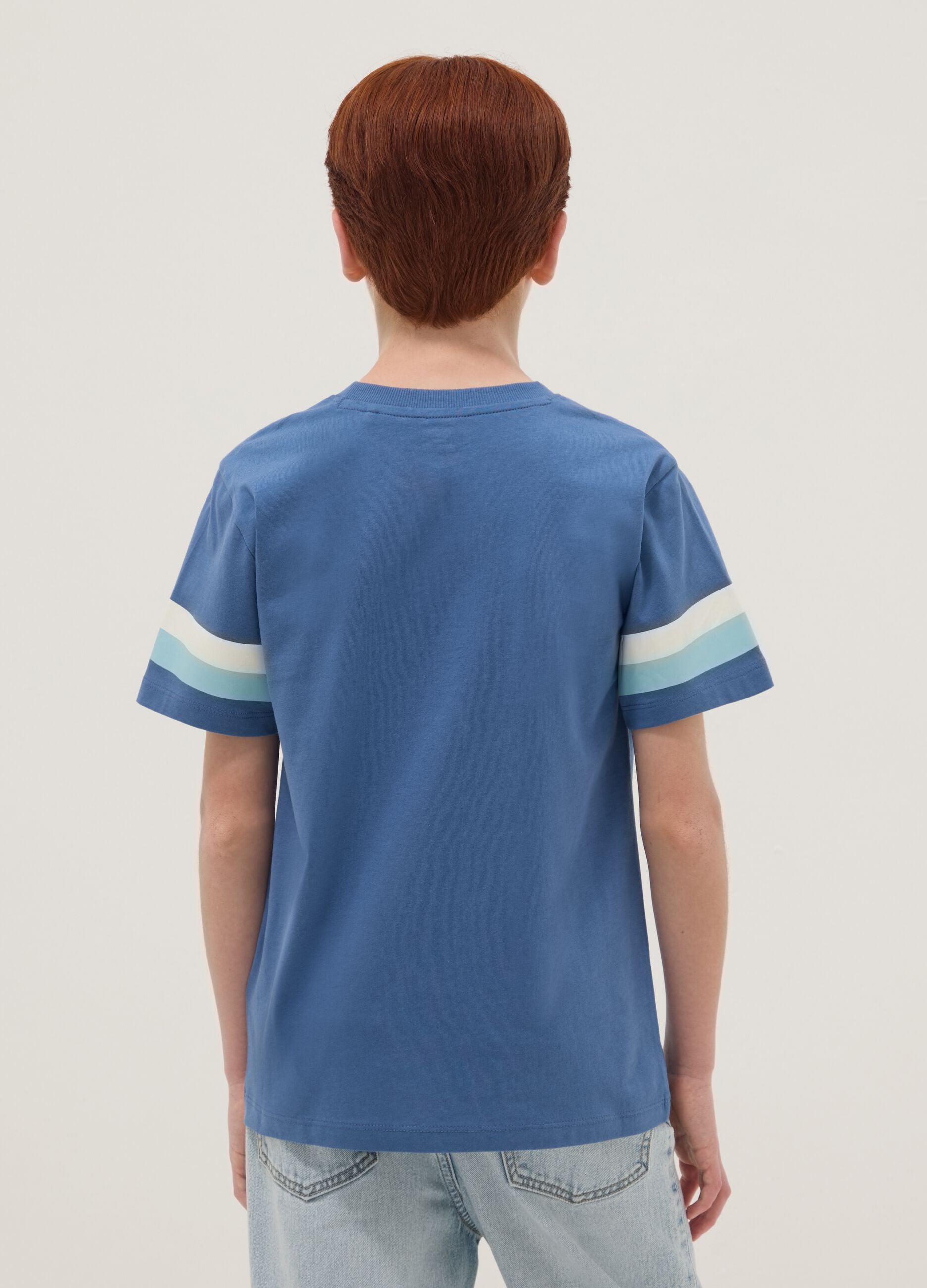 Blue pure cotton boys&rsquo; T-shirt with striped sleeves