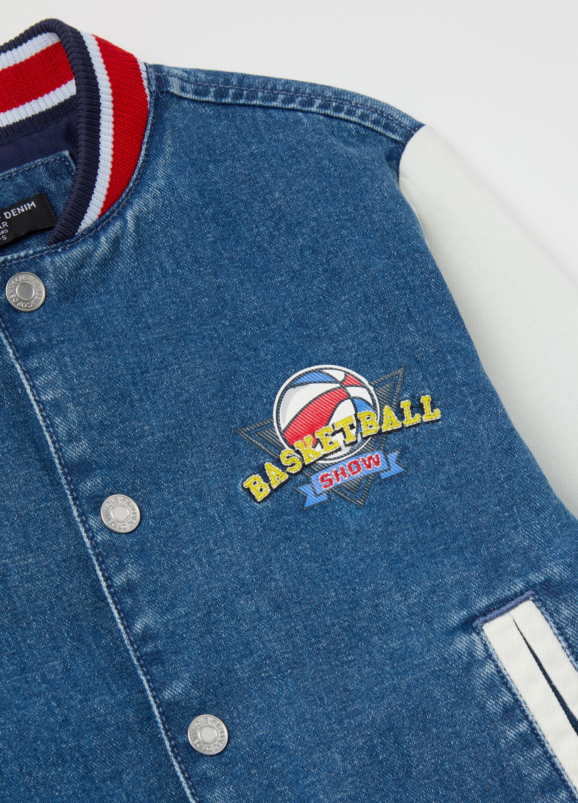 “Team Miami” bouclé denim varsity bomber jacket
