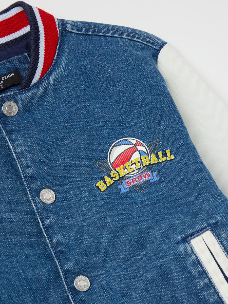 “Team Miami” bouclé denim varsity bomber jacket_2