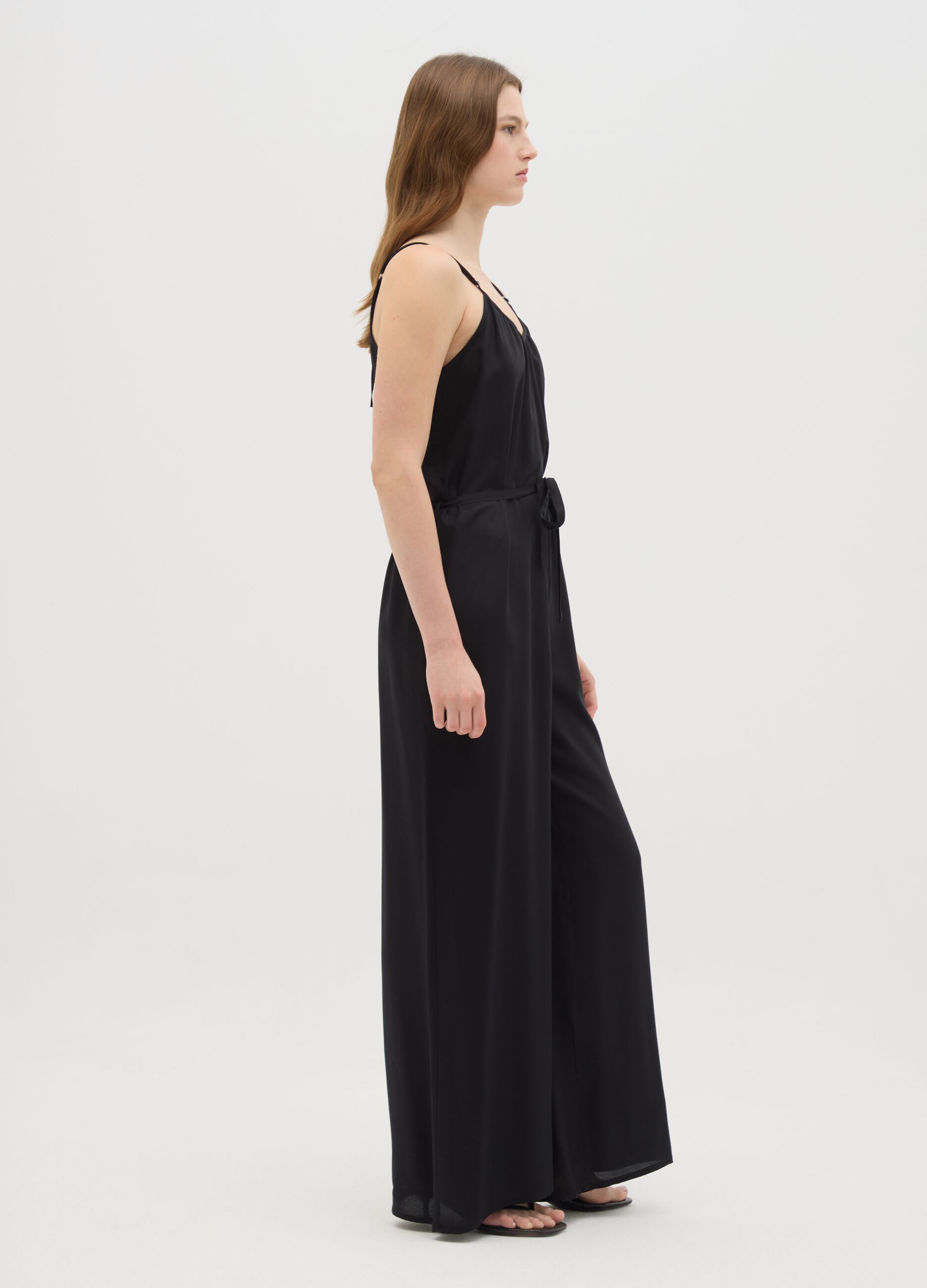 Women's jumpsuit in pure black viscose wide fit