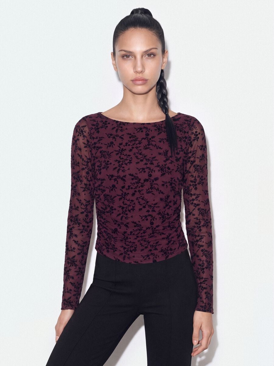 Purple stretch T-shirt with flocked floral motif_0