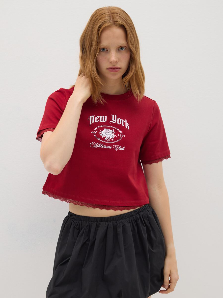 Red pure cotton T-shirt with lace_0