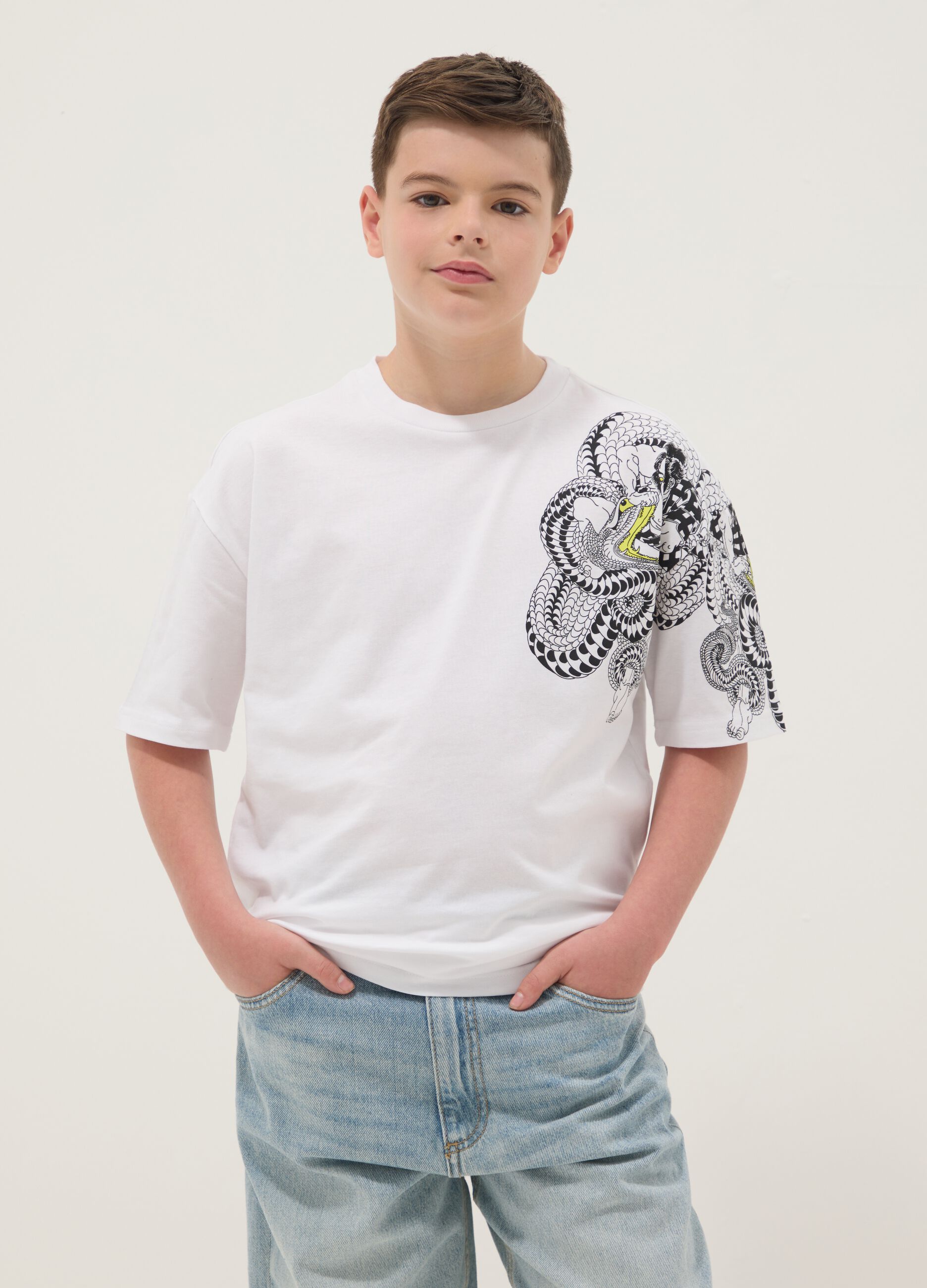 White pure cotton kids' oversized fit t-shirt with snake