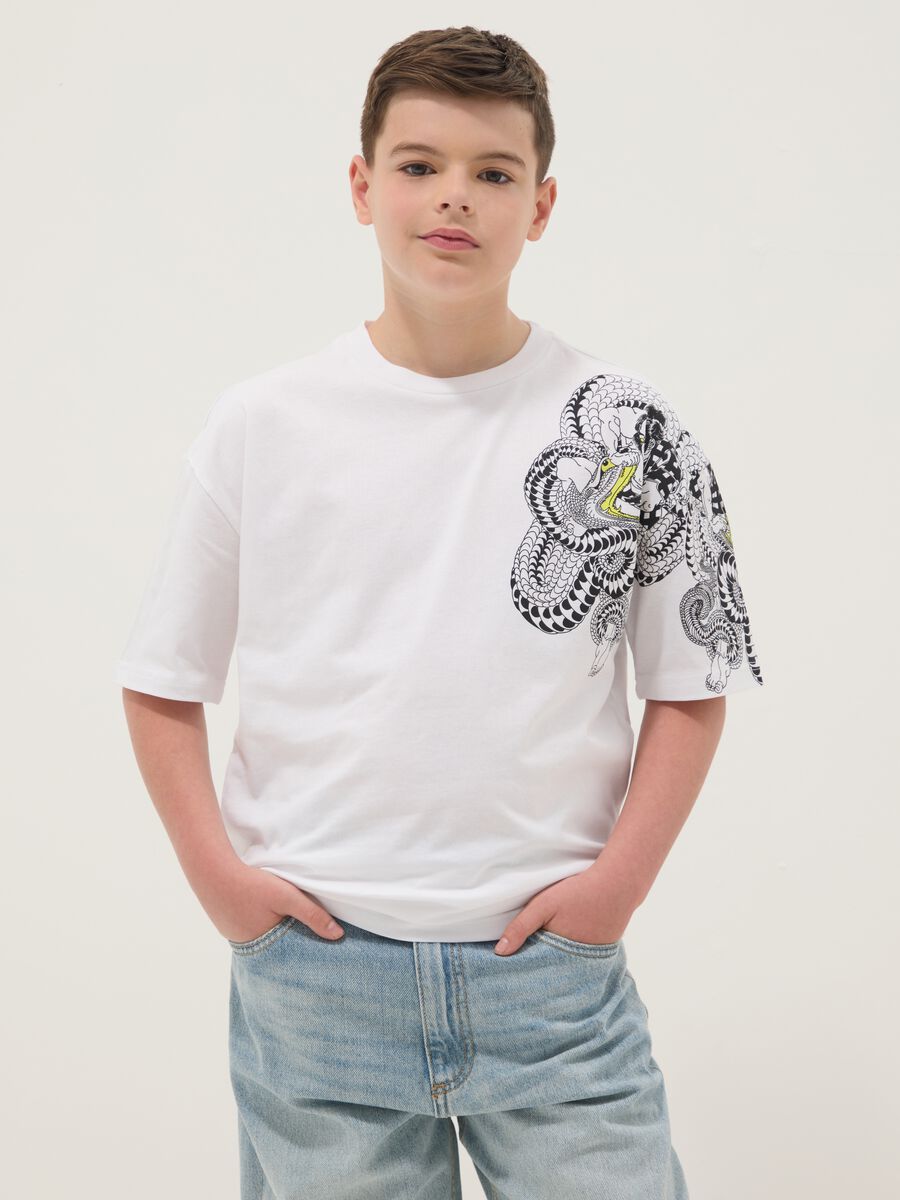 White pure cotton kids' oversized fit t-shirt with snake_0
