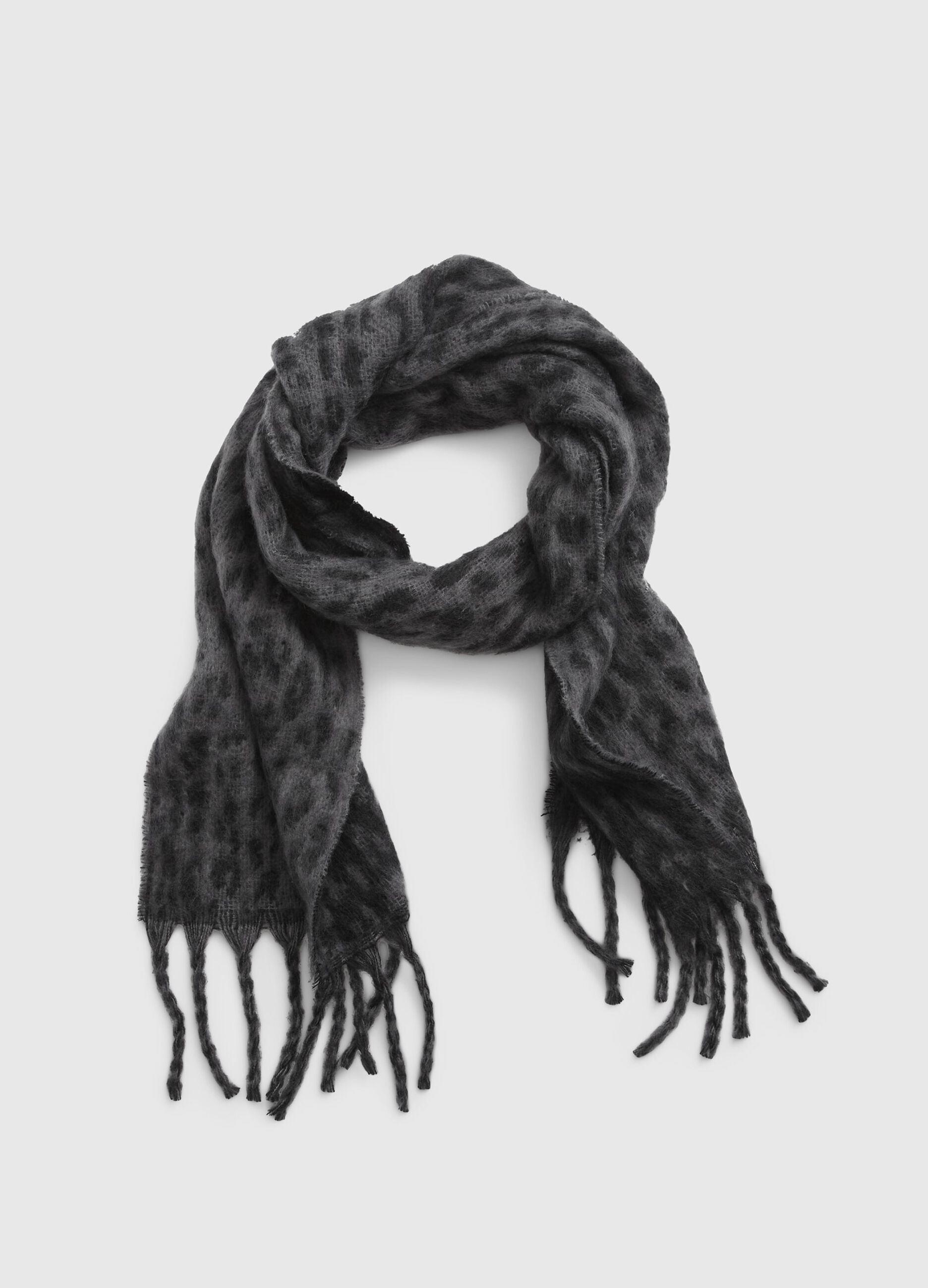 Animal print scarf with fringe on ends