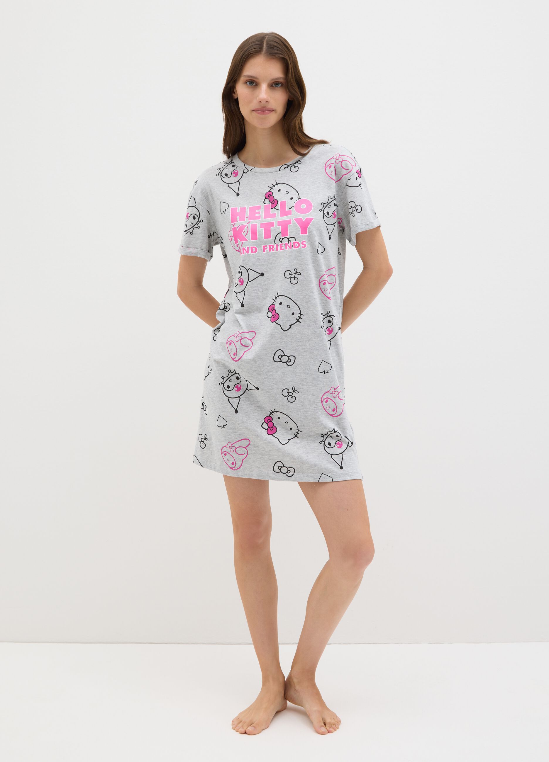 Women's grey cotton blend t-shirt regular fit with Hello Kitty print