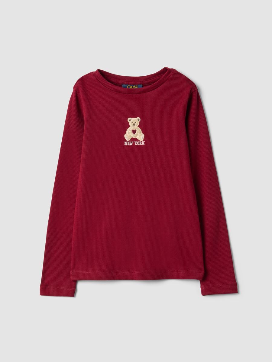 T-shirt rossa in cotone elasticizzato a costine con ricamo orsetto_0