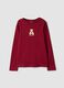 Red ribbed stretch cotton T-shirt with teddy bear embroidery_0