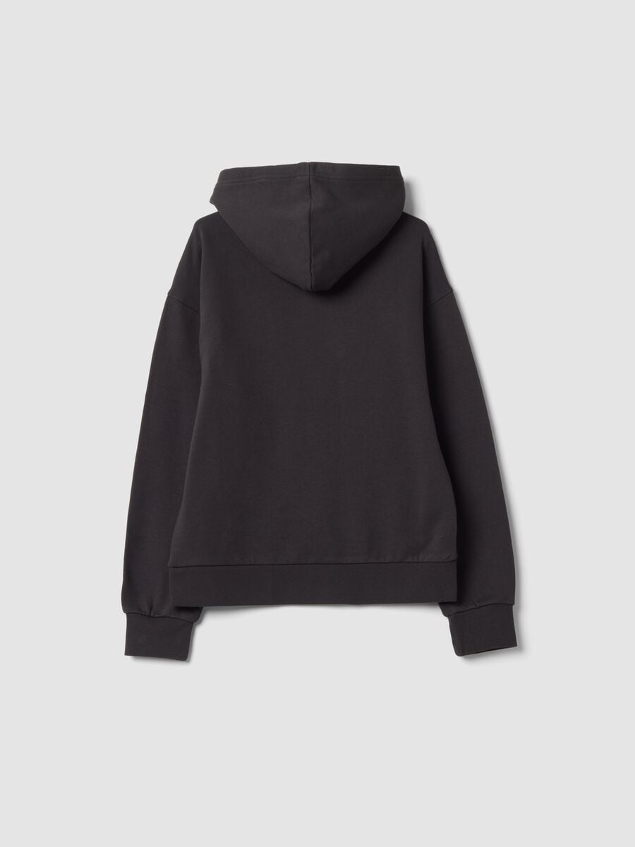 Dark grey pure cotton hoodie with raised embroidered detail, oversized fit_1