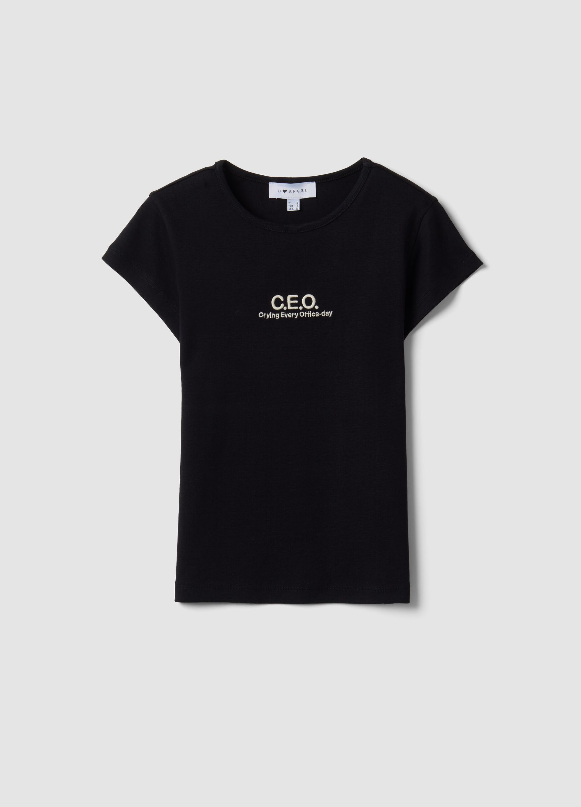 T-shirt nera in puro cotone a girocollo con scritta