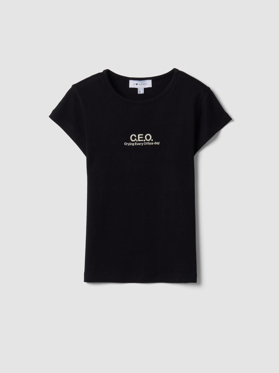 T-shirt nera in puro cotone a girocollo con scritta_4