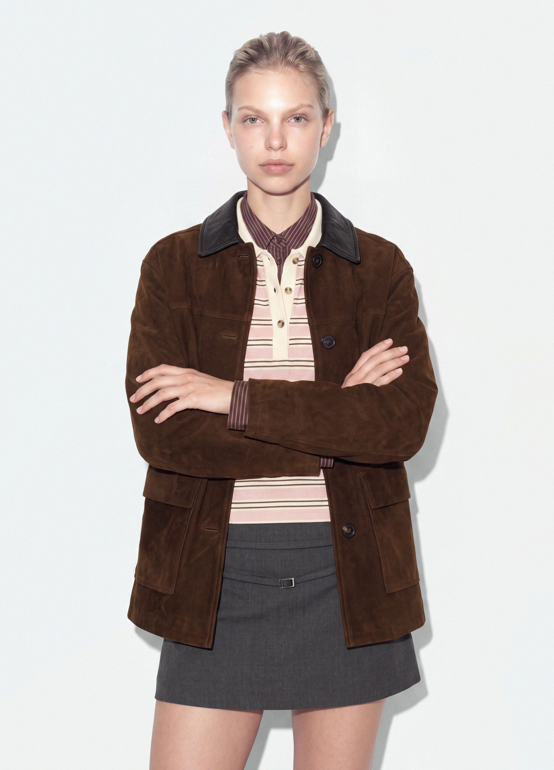 Brown regular-fit shacket with contrast collar