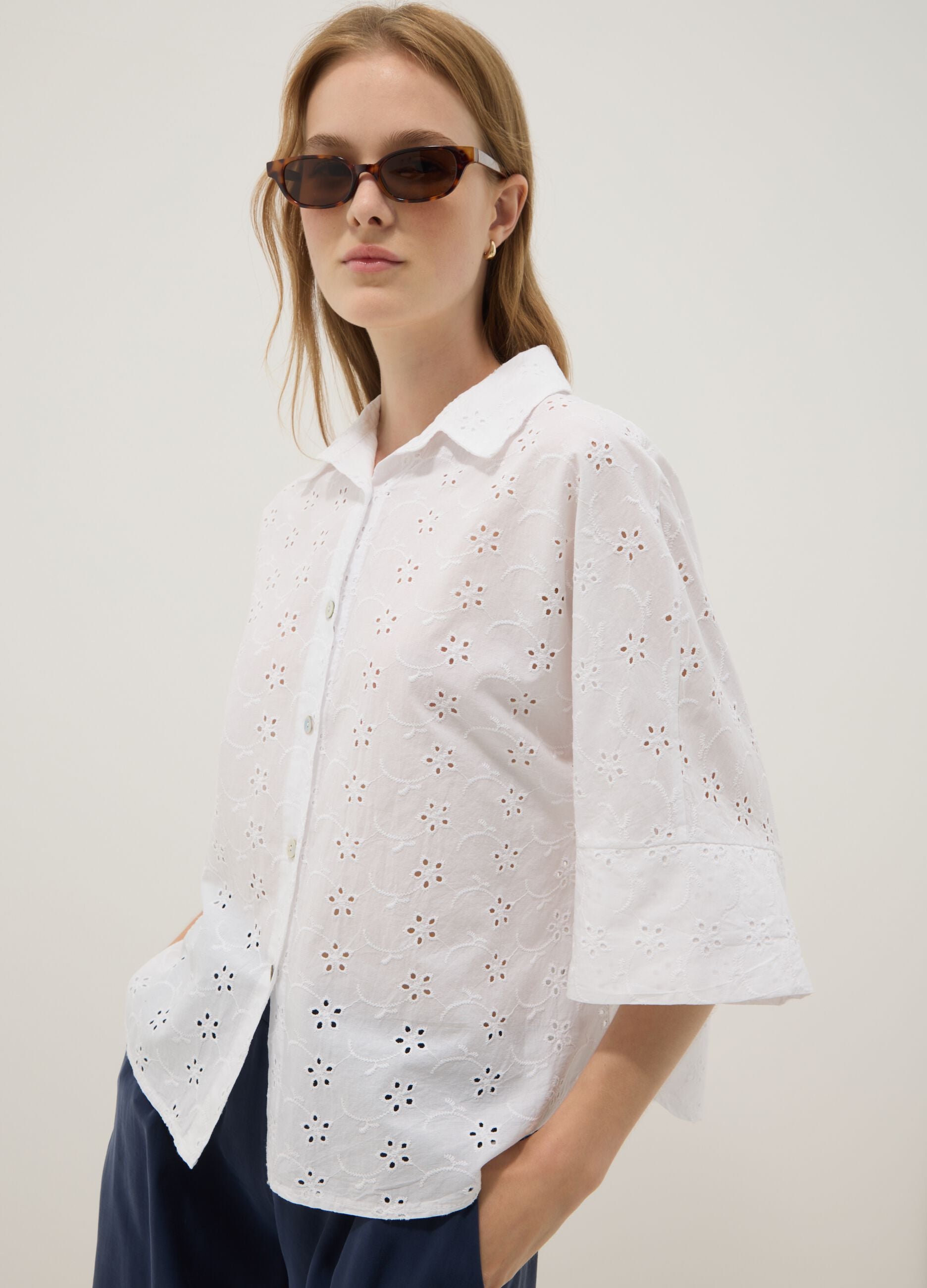 White broderie cotton shirt, regular fit