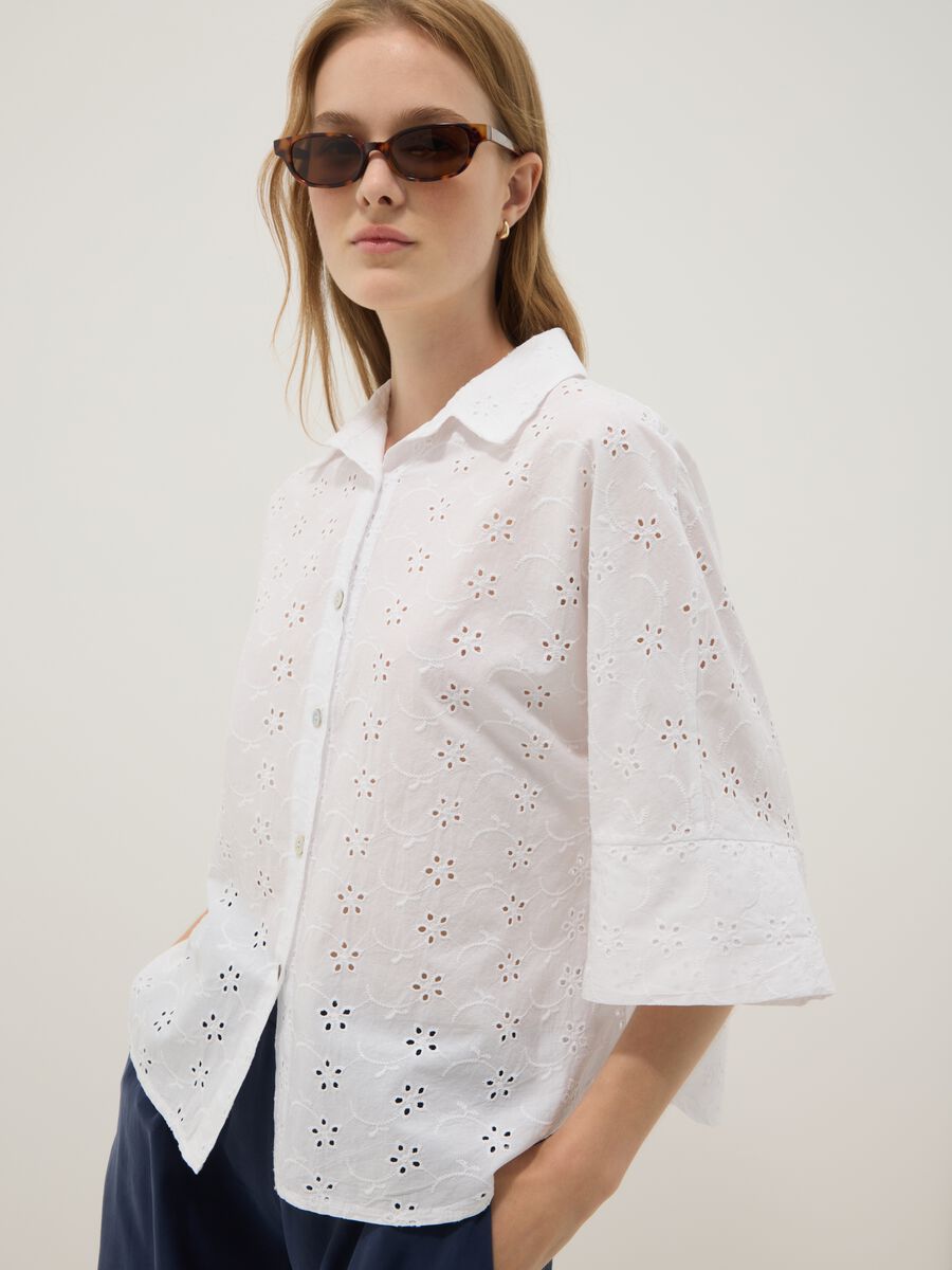 White broderie cotton shirt, regular fit_0