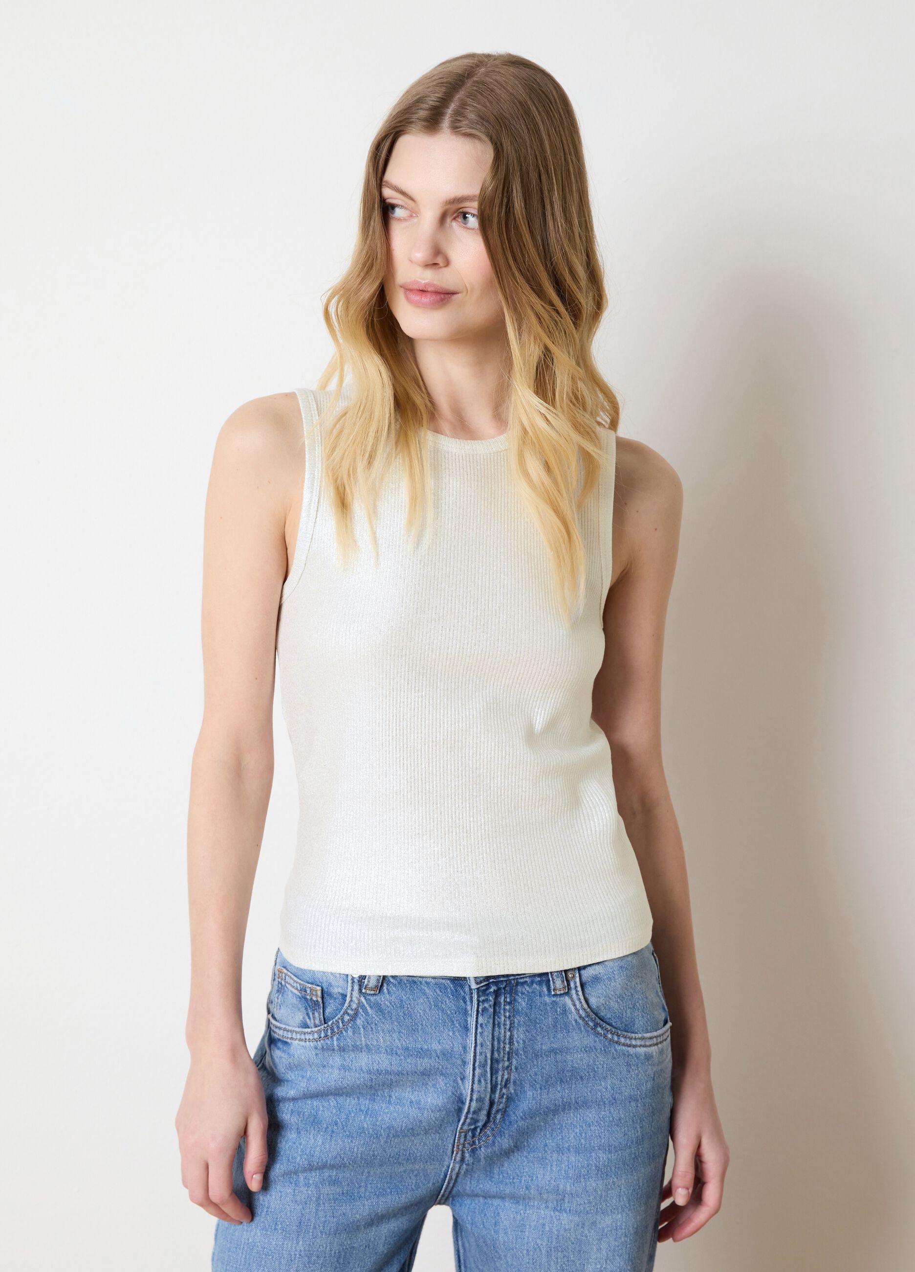 Tank top a costine in lurex bianco