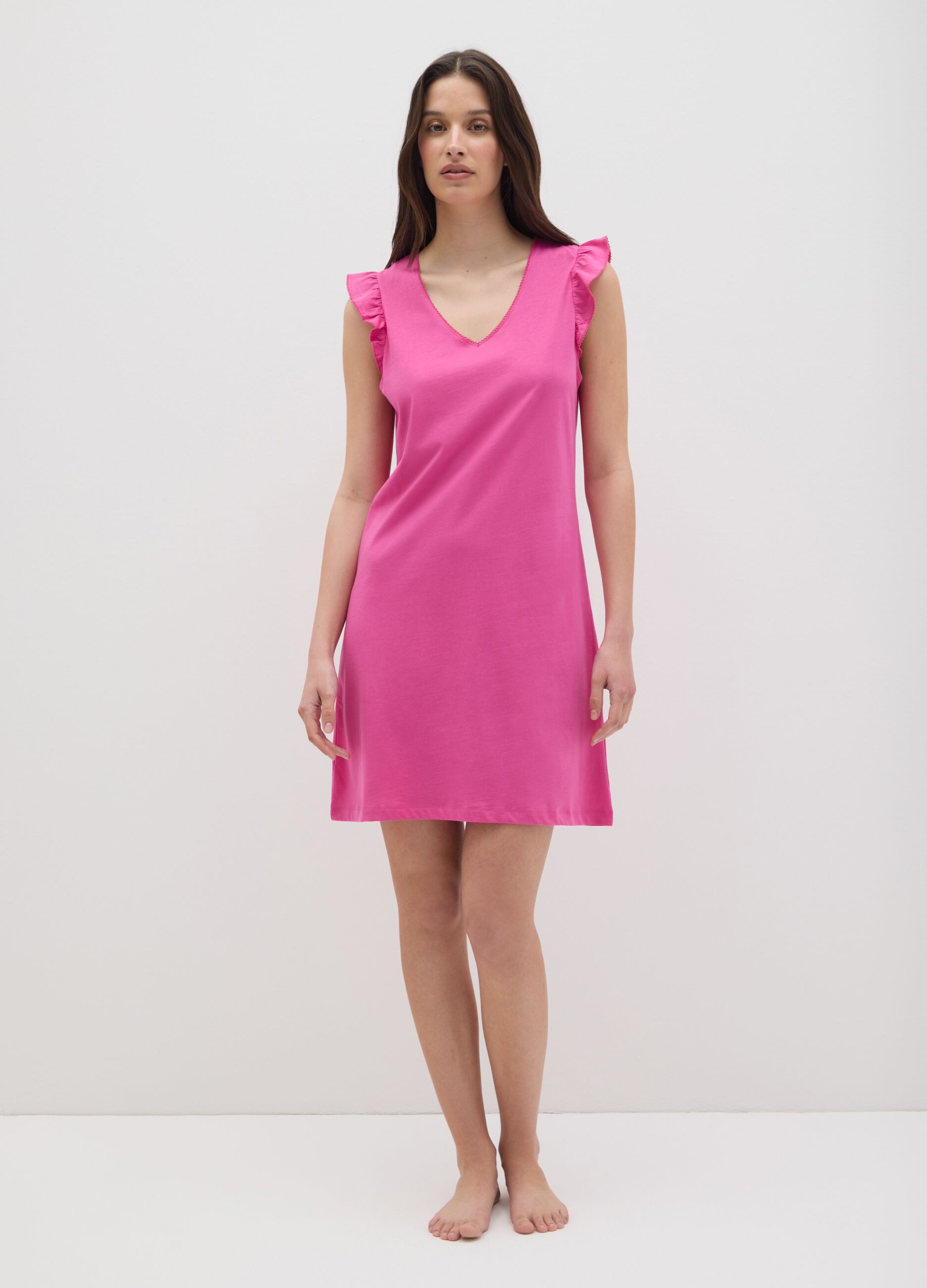 Camicia da notte fuxia in cotone con scollo a V